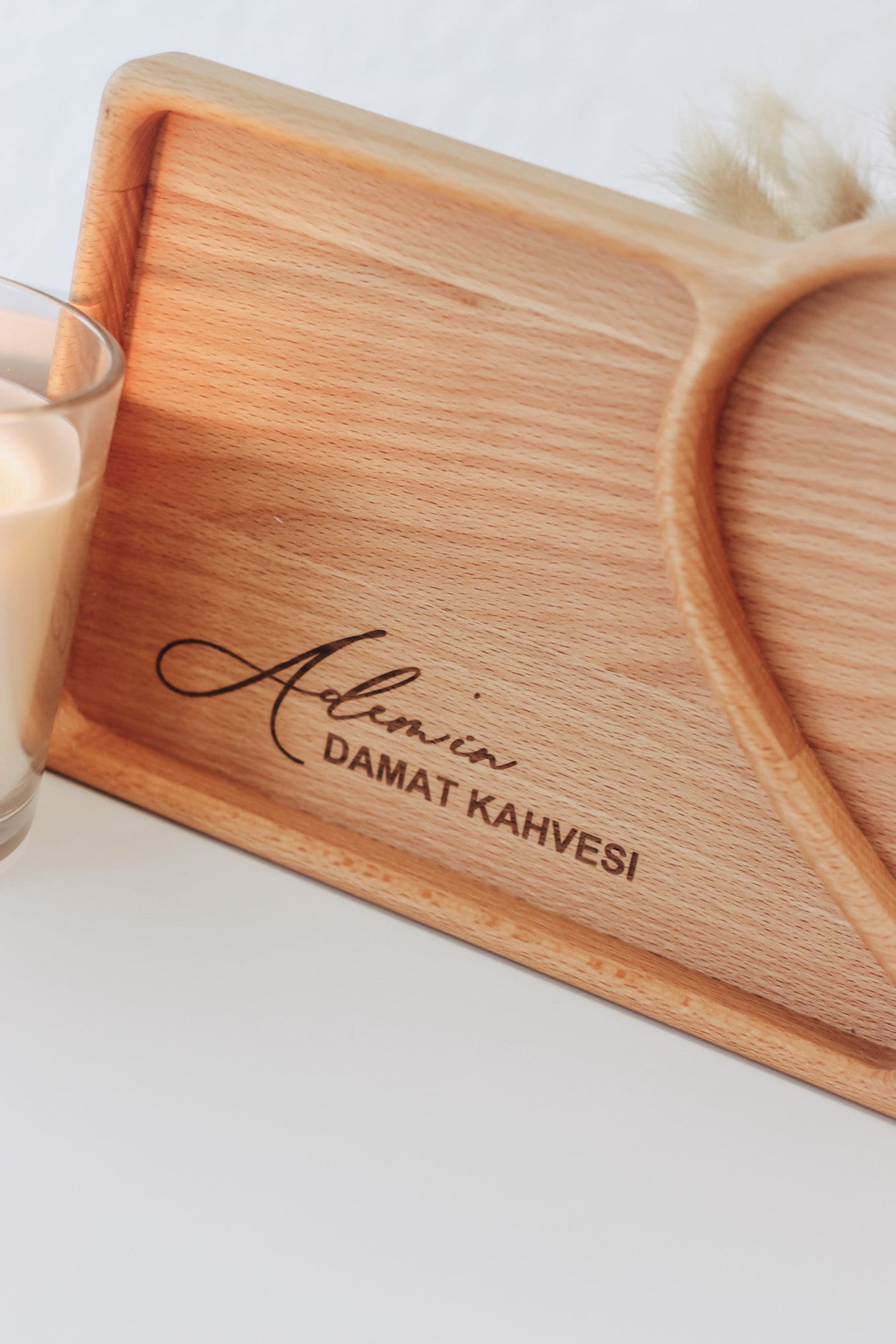 Damat Kahvesi Tablett mit Personalisierung / Holz Tablett / Damat Tespsisi / Integrierte Ringschale für den Kaffee