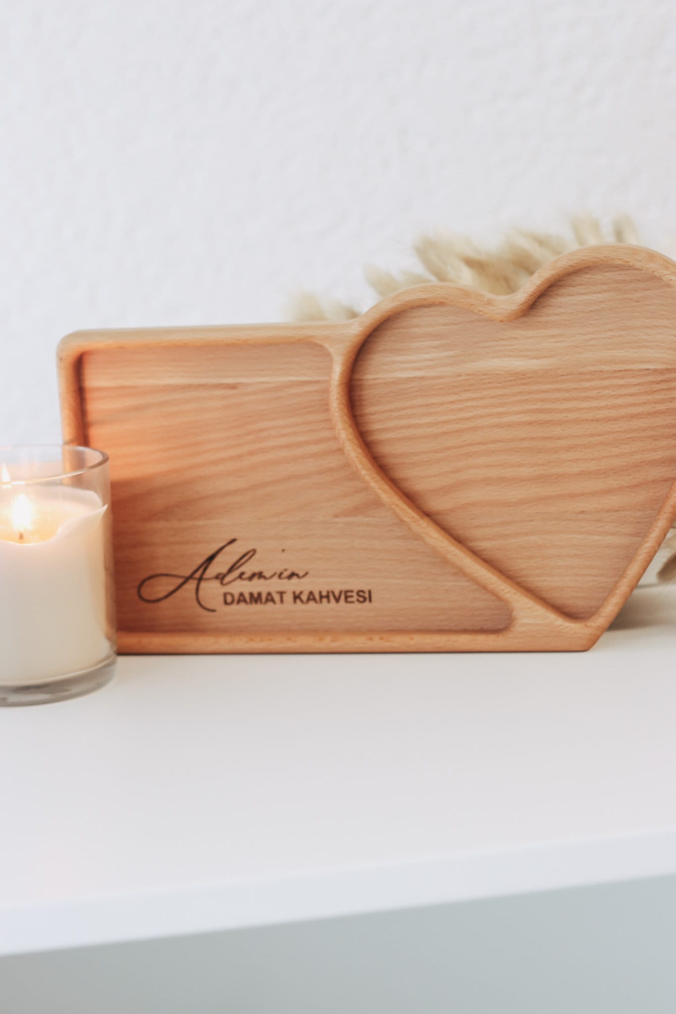 Damat Kahvesi Tablett mit Personalisierung / Holz Tablett / Damat Tespsisi / Integrierte Ringschale für den Kaffee