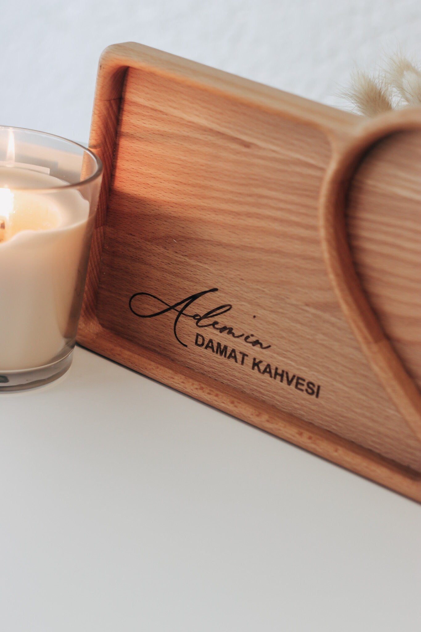 Damat Kahvesi Tablett mit Personalisierung / Holz Tablett / Damat Tespsisi / Integrierte Ringschale für den Kaffee