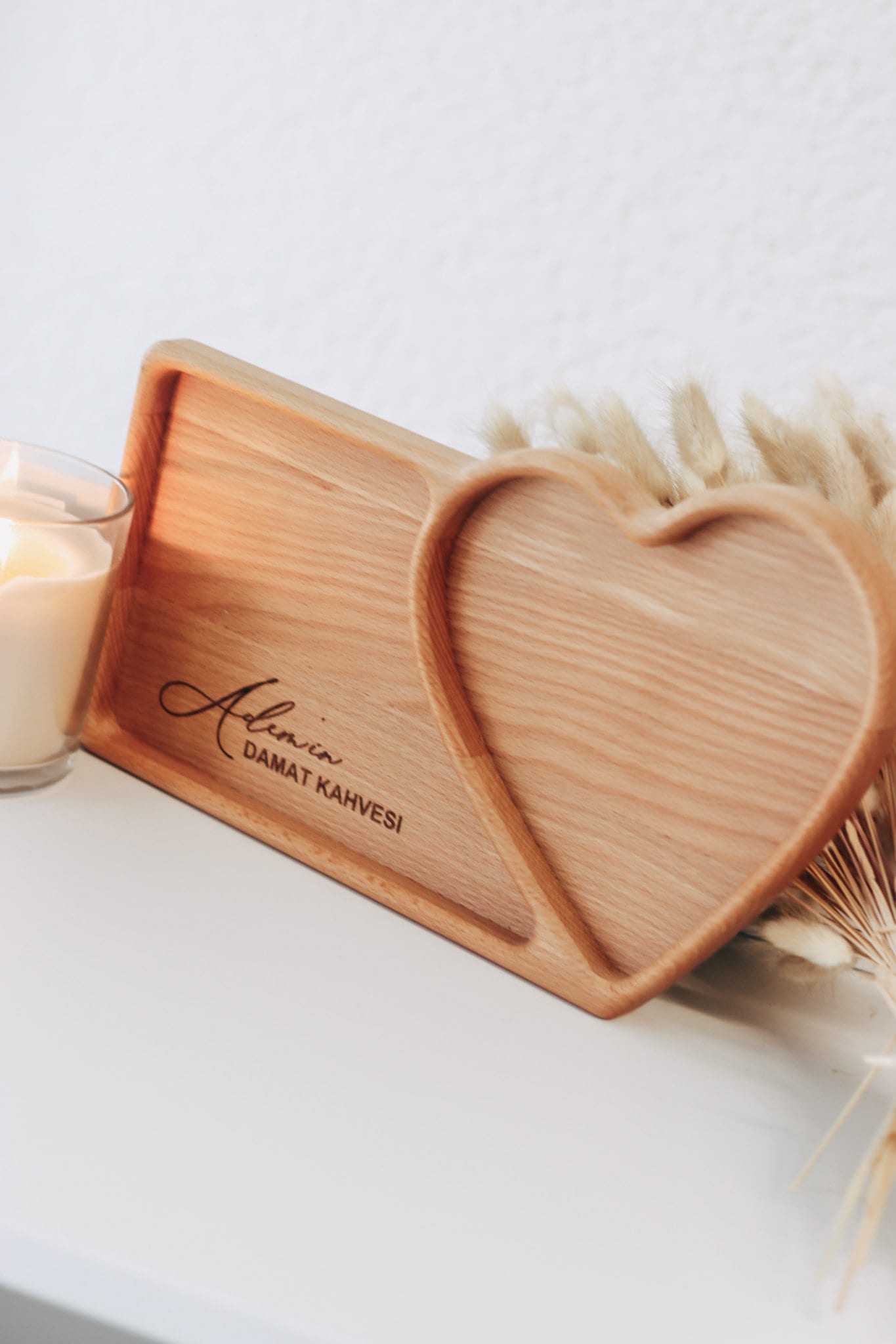 Damat Kahvesi Tablett mit Personalisierung / Holz Tablett / Damat Tespsisi / Integrierte Ringschale für den Kaffee