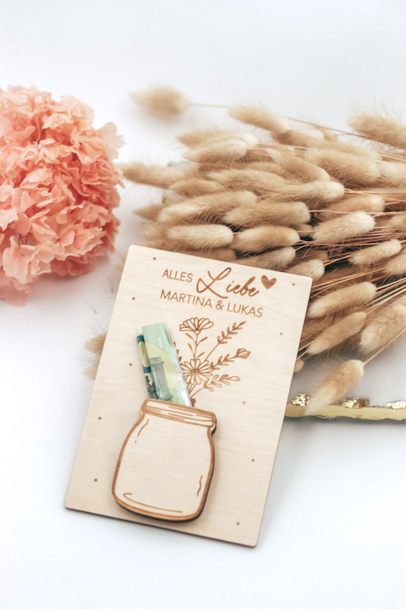 Geldgeschenk Hochzeit - Alles Liebe + Namen - Holzkarte mit Wunschglas - 3D Holzkarte - Geschenk für Brautpaar