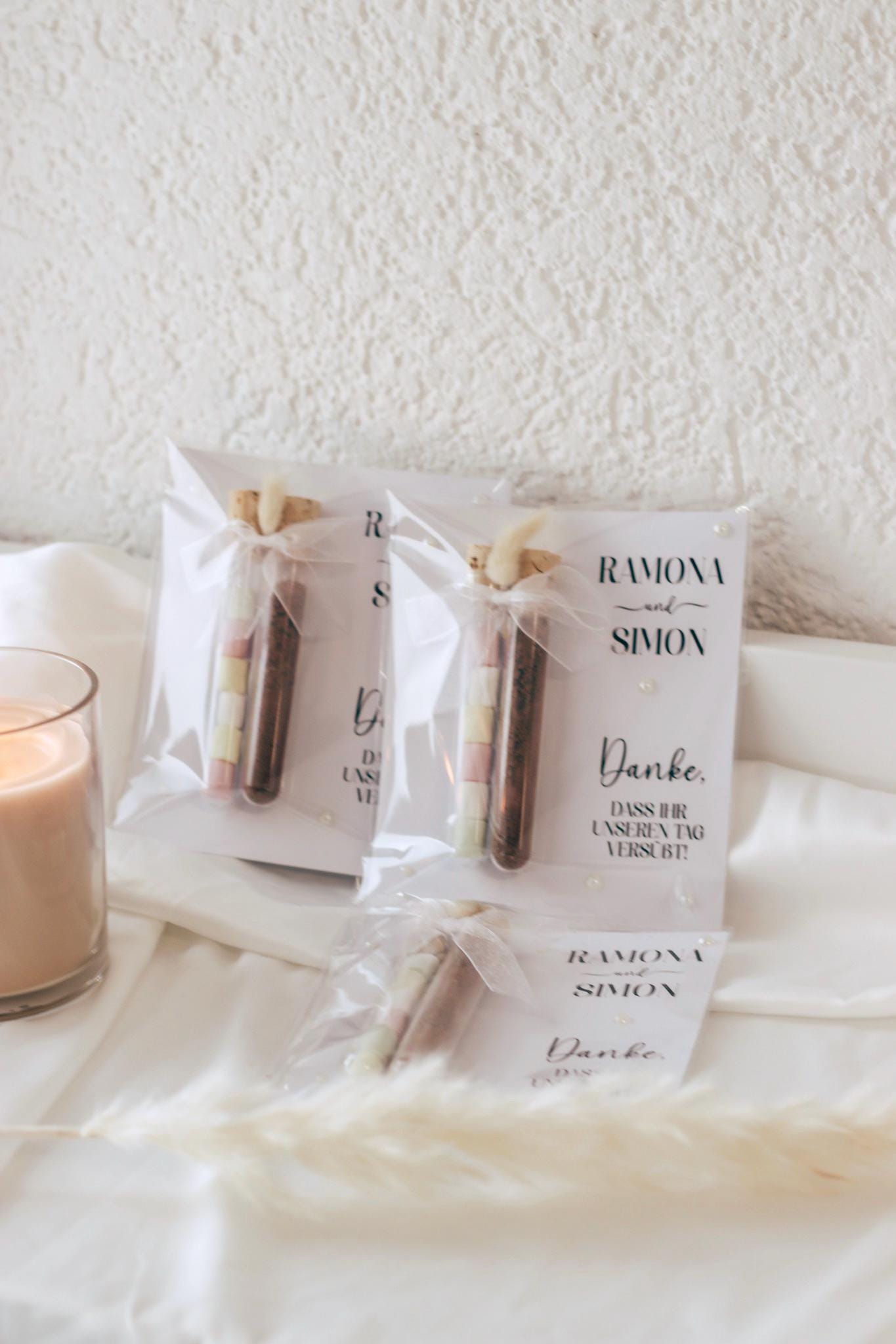 Gastgeschenk/Danksagung Hochzeit "Danke, dass ihr unseren Tag versüßt", befüllte Reagenzgläser, Taufe, Kommunion, personalisiert mit Namen