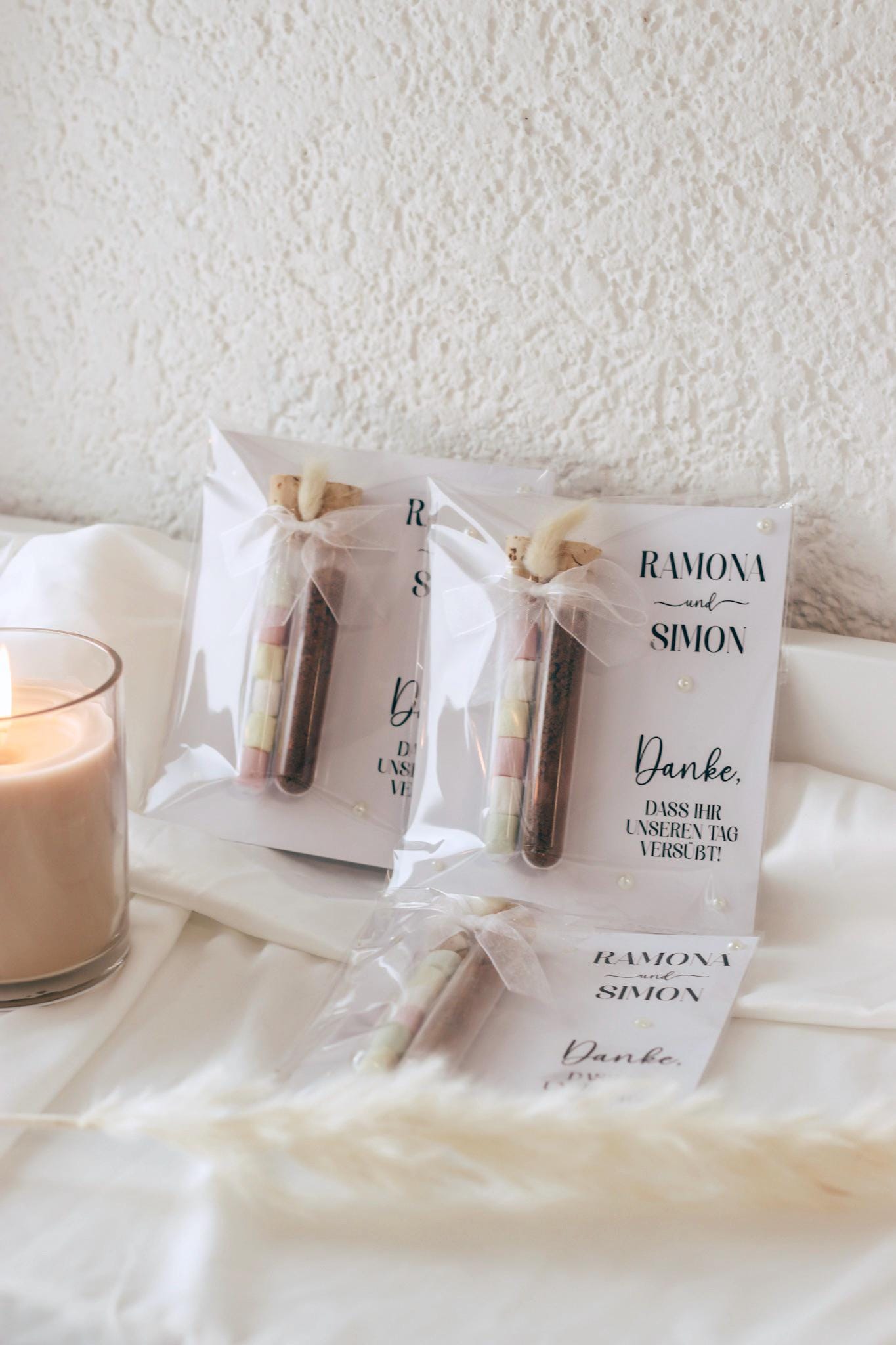 Gastgeschenk/Danksagung Hochzeit "Danke, dass ihr unseren Tag versüßt", befüllte Reagenzgläser, Taufe, Kommunion, personalisiert mit Namen