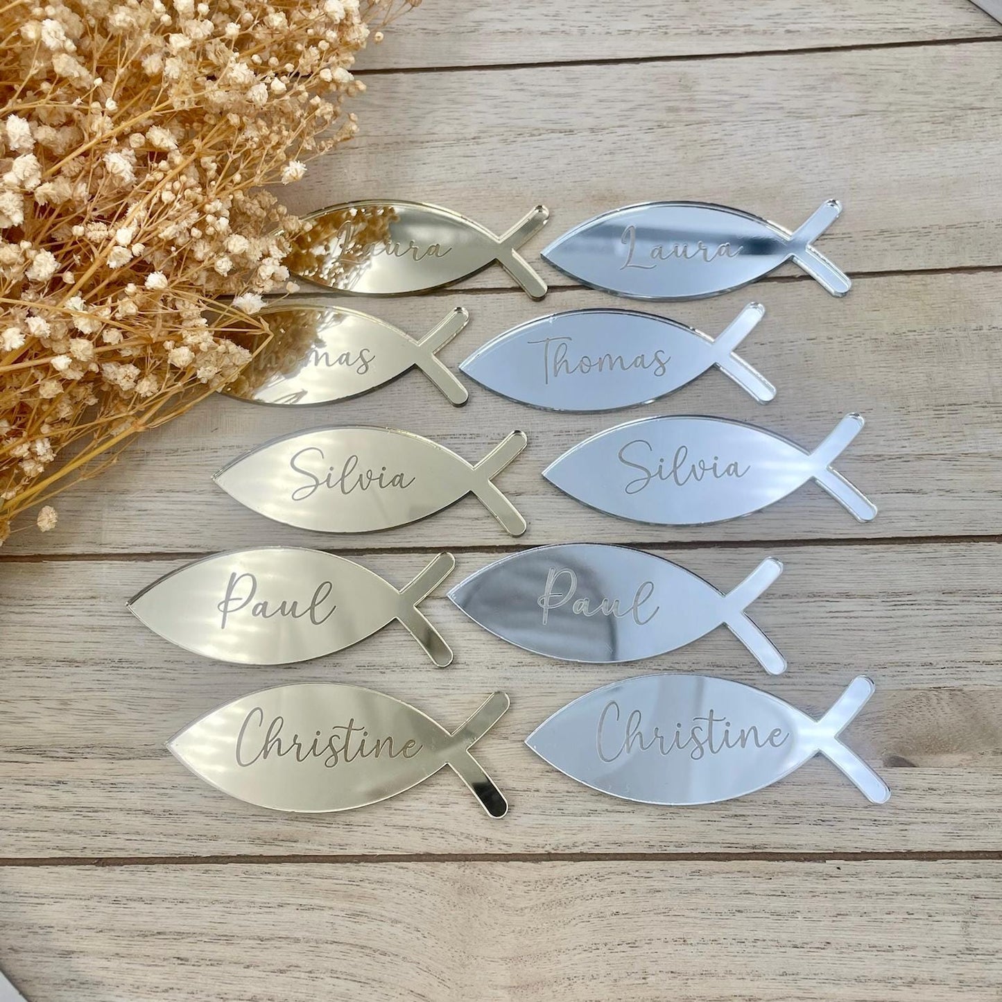 Platzkarte Fisch Taufe Acrylglas Gold & Silber, Namensgravur | Taufdekoration Gastgeschenk Kommunion Konfirmation Platzschild personalisiert