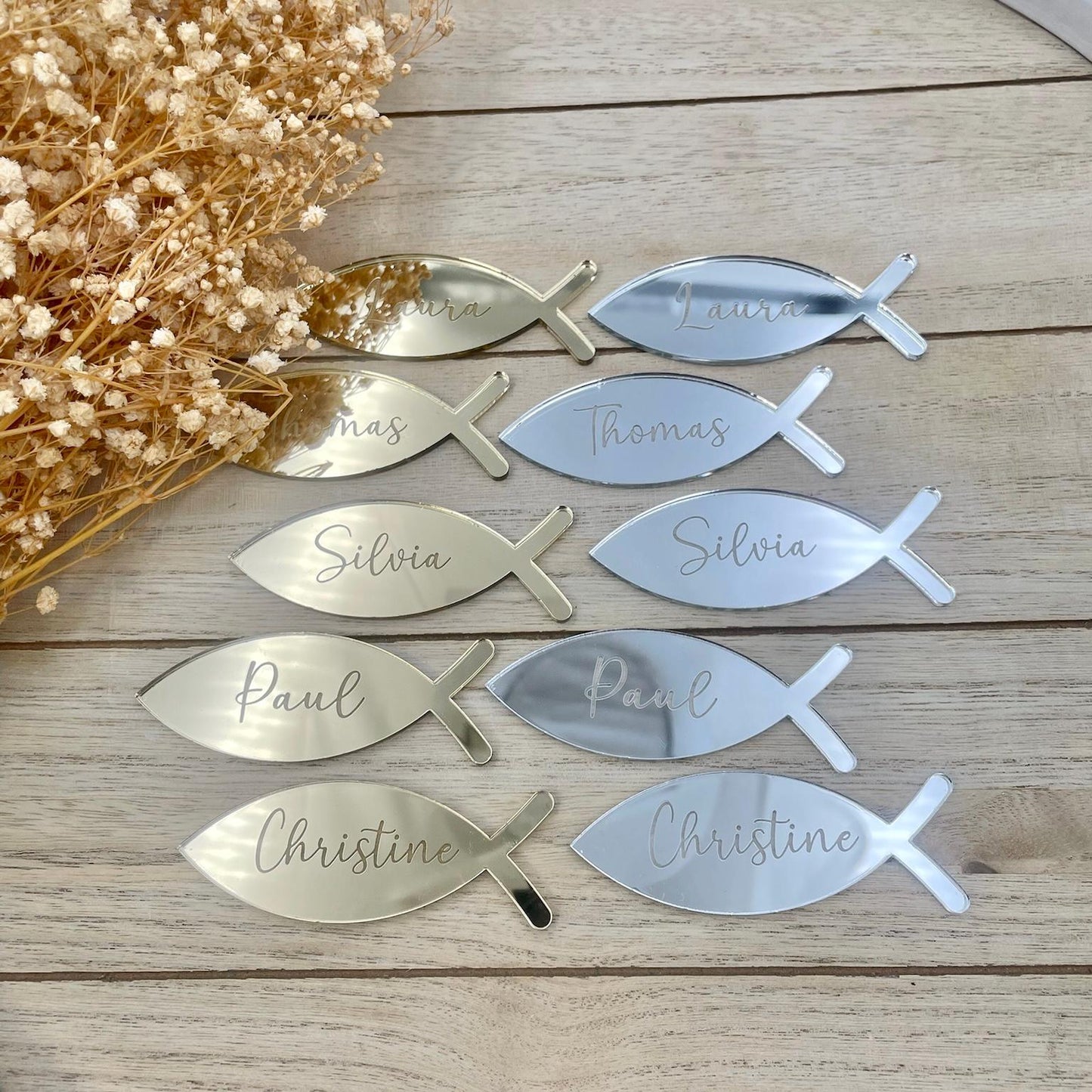 Platzkarte Fisch Taufe Acrylglas Gold & Silber, Namensgravur | Taufdekoration Gastgeschenk Kommunion Konfirmation Platzschild personalisiert