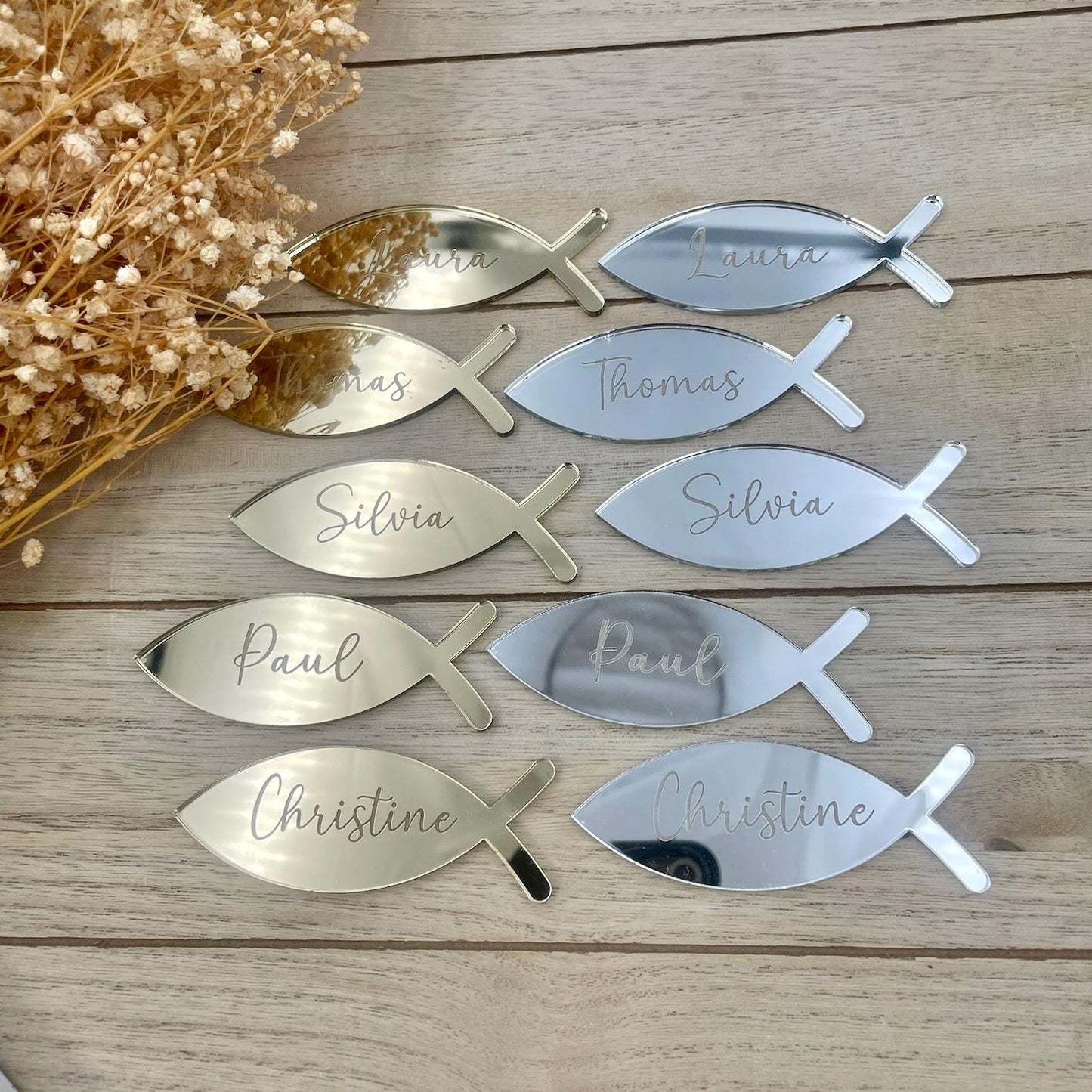 Platzkarte Fisch Taufe Acrylglas Gold & Silber, Namensgravur | Taufdekoration Gastgeschenk Kommunion Konfirmation Platzschild personalisiert