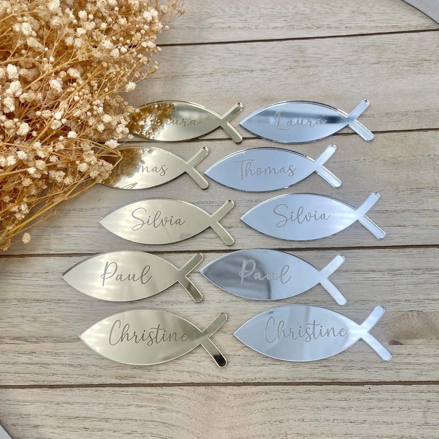 Platzkarte Fisch Taufe Acrylglas Gold & Silber, Namensgravur | Taufdekoration Gastgeschenk Kommunion Konfirmation Platzschild personalisiert