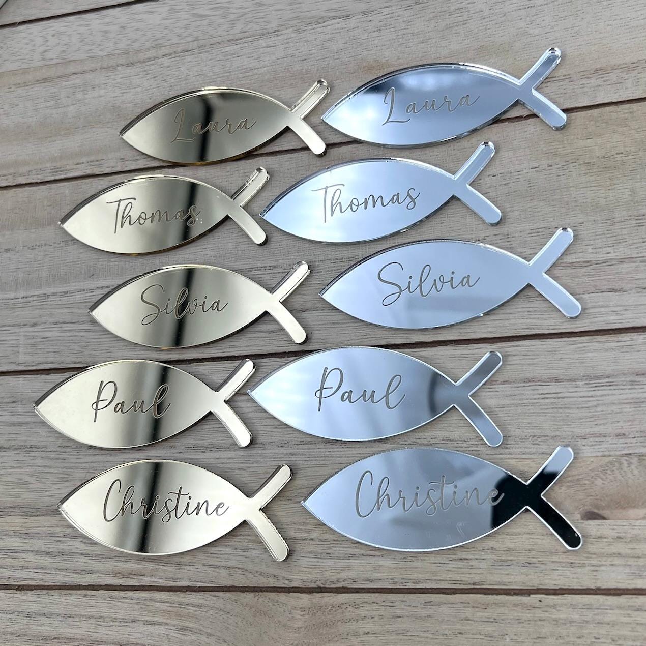 Platzkarte Fisch Taufe Acrylglas Gold & Silber, Namensgravur | Taufdekoration Gastgeschenk Kommunion Konfirmation Platzschild personalisiert