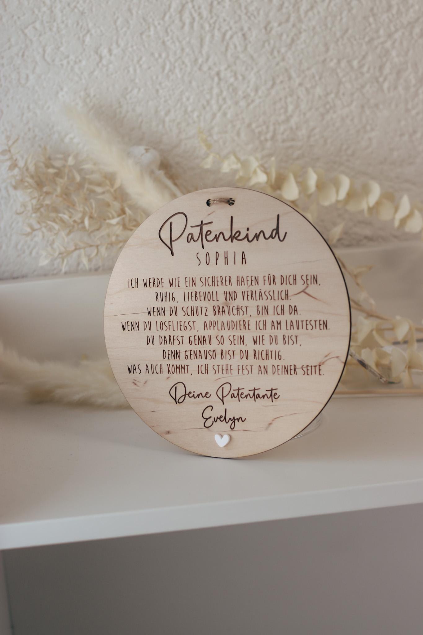 Patenkind Schild personalisiert | Geschenk zur Taufe mit Name, Widmung & Herz | Patentante Patenonkel Taufgeschenk aus Holz