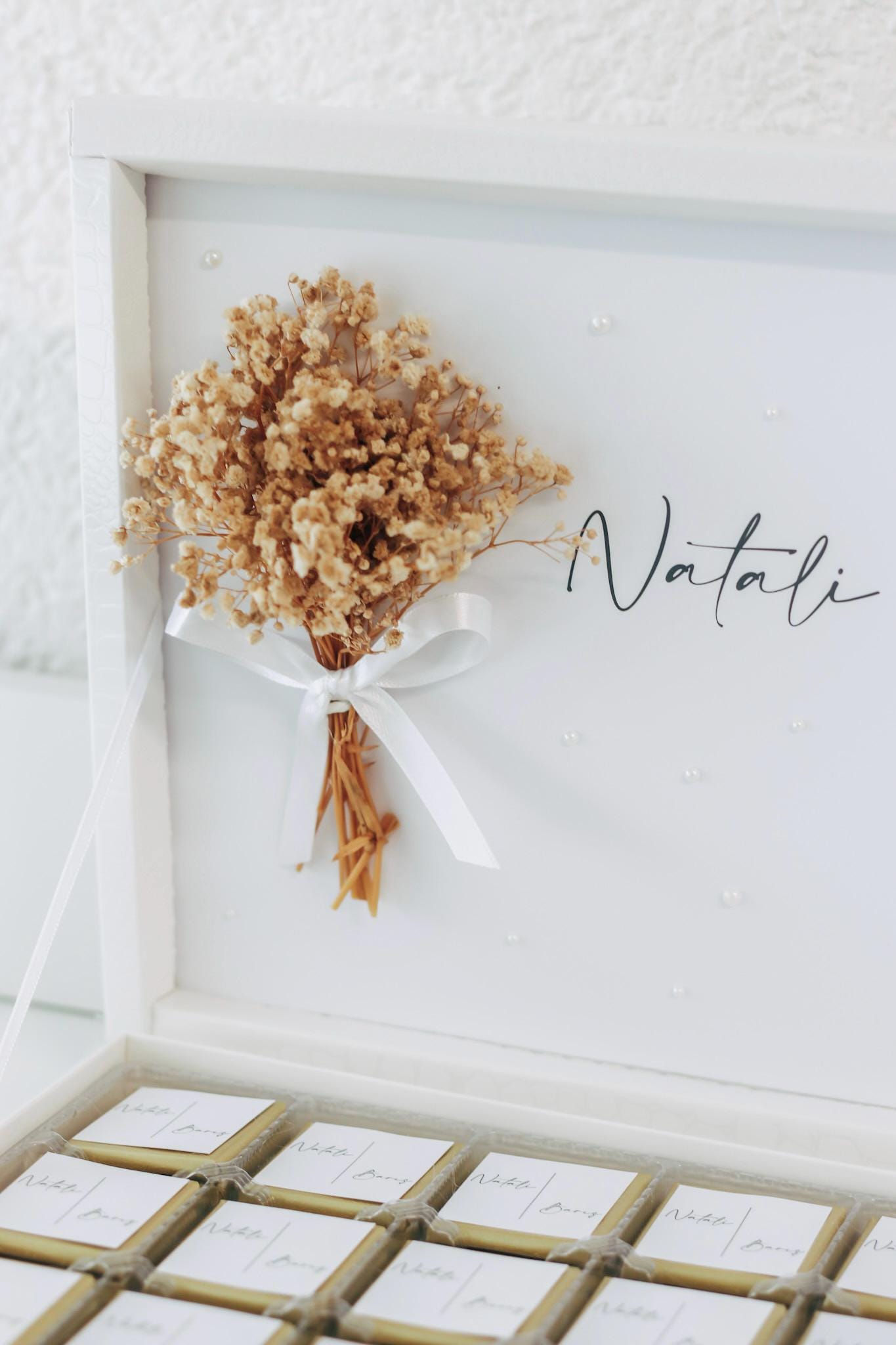 Personalisierte Schokobox mit Perlen & Schleierkraut, Hochzeit, Verlobung, Sözümüz Söz, Standesamtliche Trauung, Nikah Hatirasi