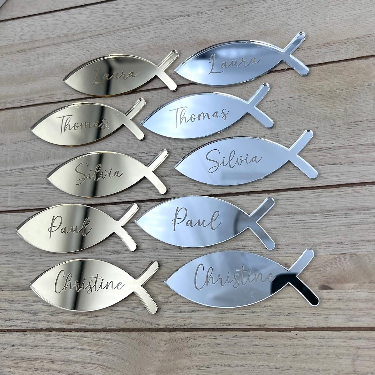Platzkarte Fisch Taufe Acrylglas Gold & Silber, Namensgravur | Taufdekoration Gastgeschenk Kommunion Konfirmation Platzschild personalisiert