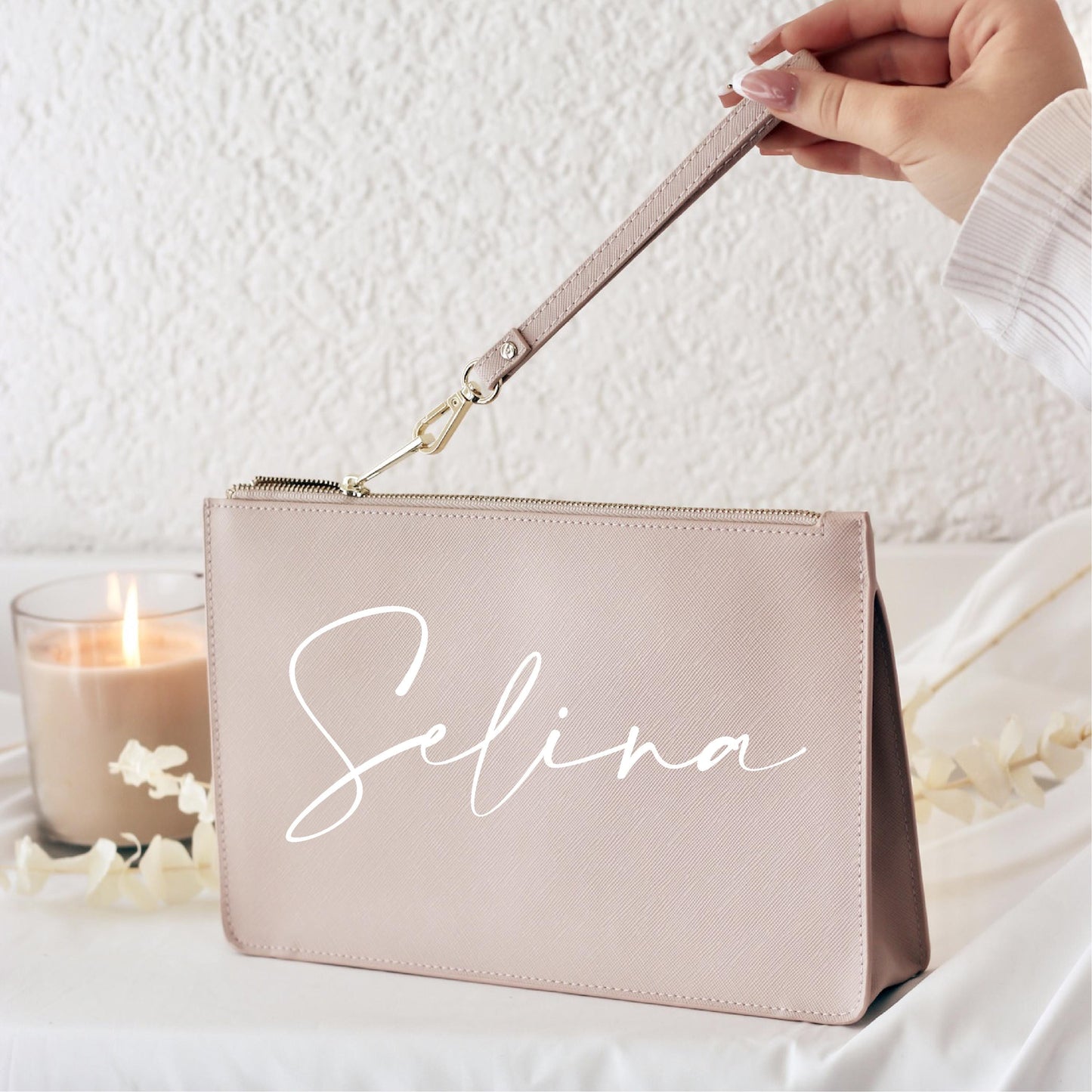 Personalisierte Kosmetiktasche altrosa mit Name – goldener Reißverschluss & Handschlaufe - Trauzeugin, Brautjungfer, Geschenk für Frauen