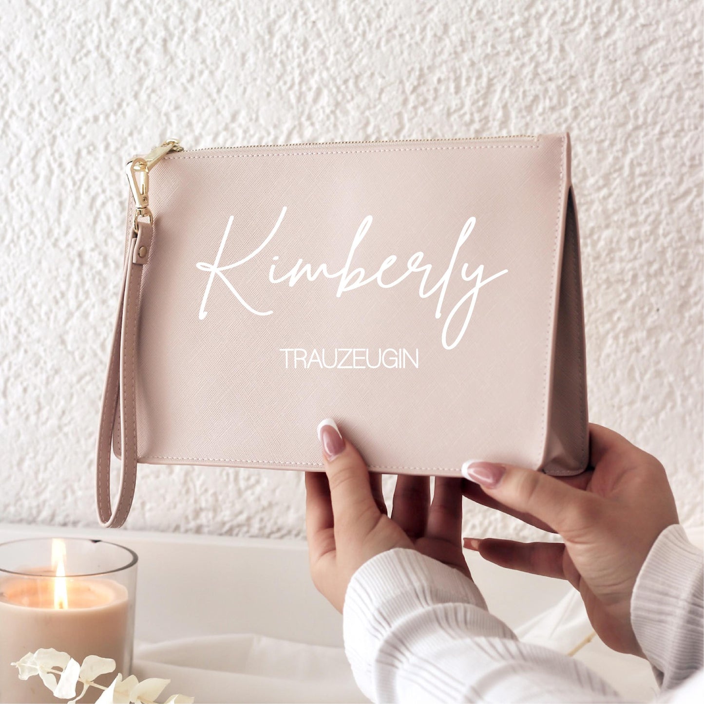 Personalisierte Kosmetiktasche Trauzeugin/Brautjungfer – Name in Schreibschrift & Rolle in Druckschrift, Team Braut Geschenk, Altrosa Gold