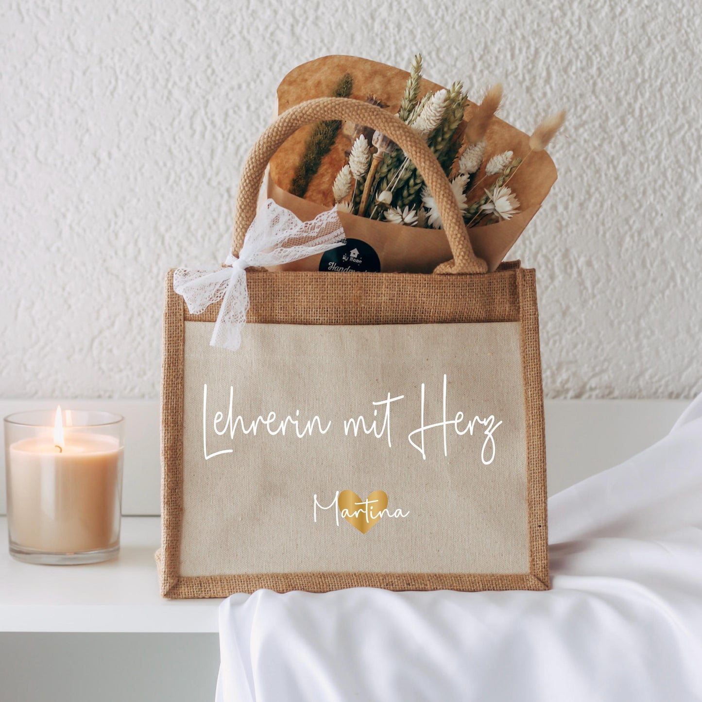 Personalisierte Jutetasche „Lehrerin mit Herz“ – Geschenk Lehrer Abschied Schule, Tasche mit Namen & Herz, Danke Geschenk Lehrerin