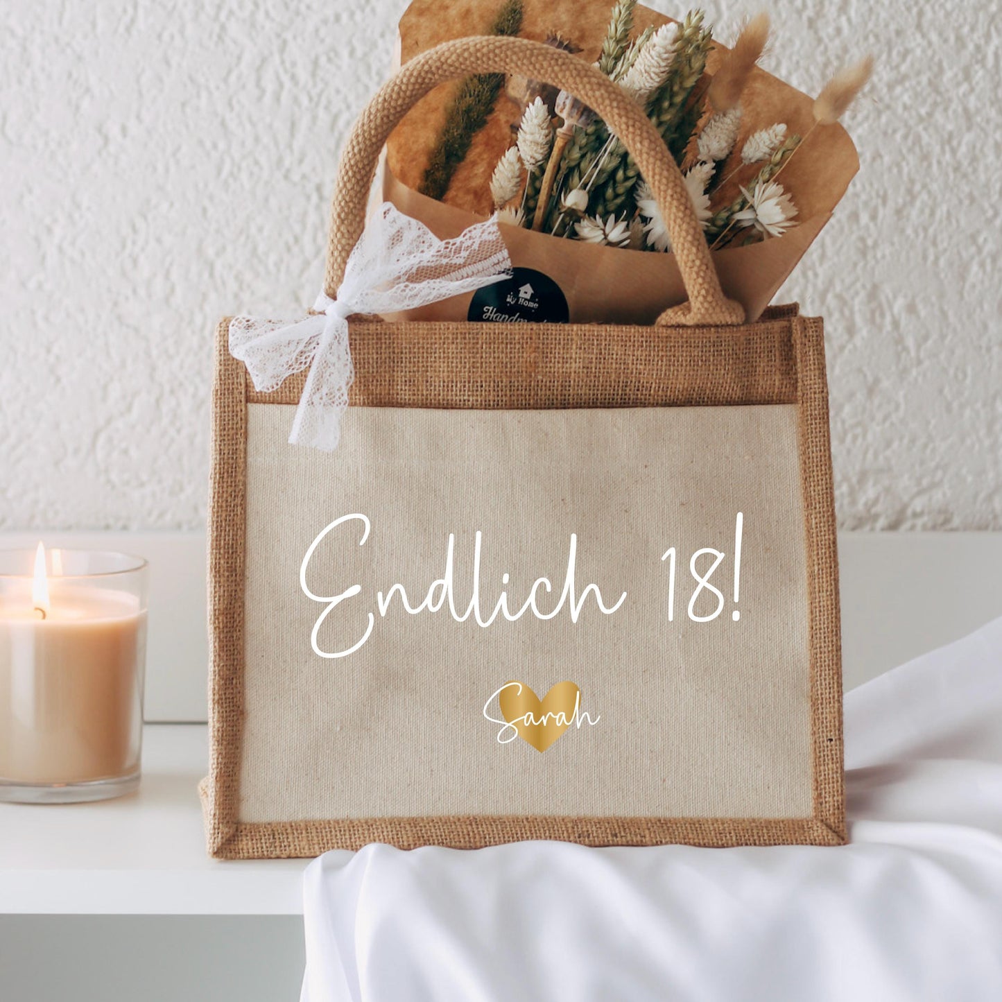 Personalisierte Jutetasche „Endlich 18“ – Geschenk 18. Geburtstag Mädchen Junge, Tasche mit Name & Herz, Geburtstag Geschenk Teenager