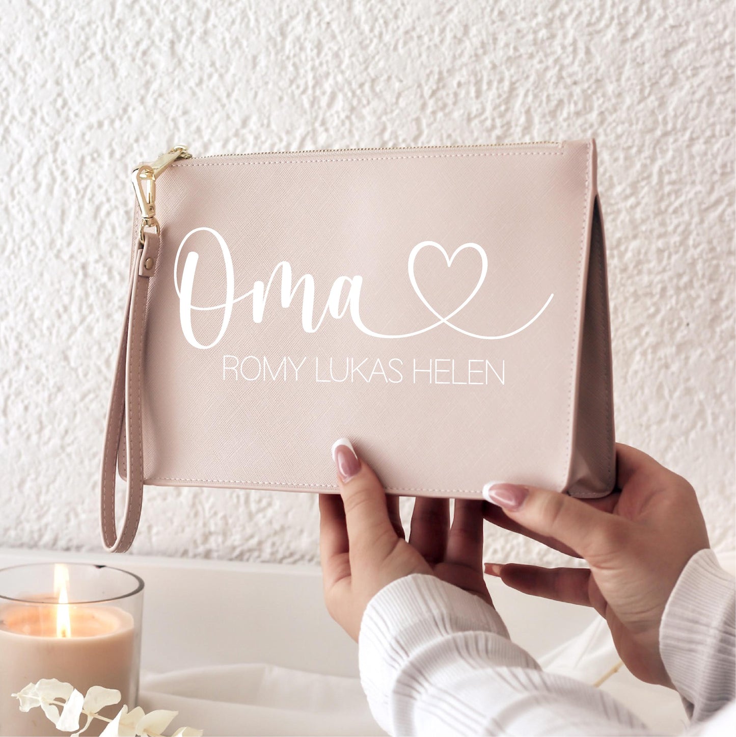 Kosmetiktasche Oma personalisiert – Herz im Schriftzug & Enkel-Namen – Altrosa Tasche, Geschenk Oma, Beste Oma, Großmutter, Weihnachten