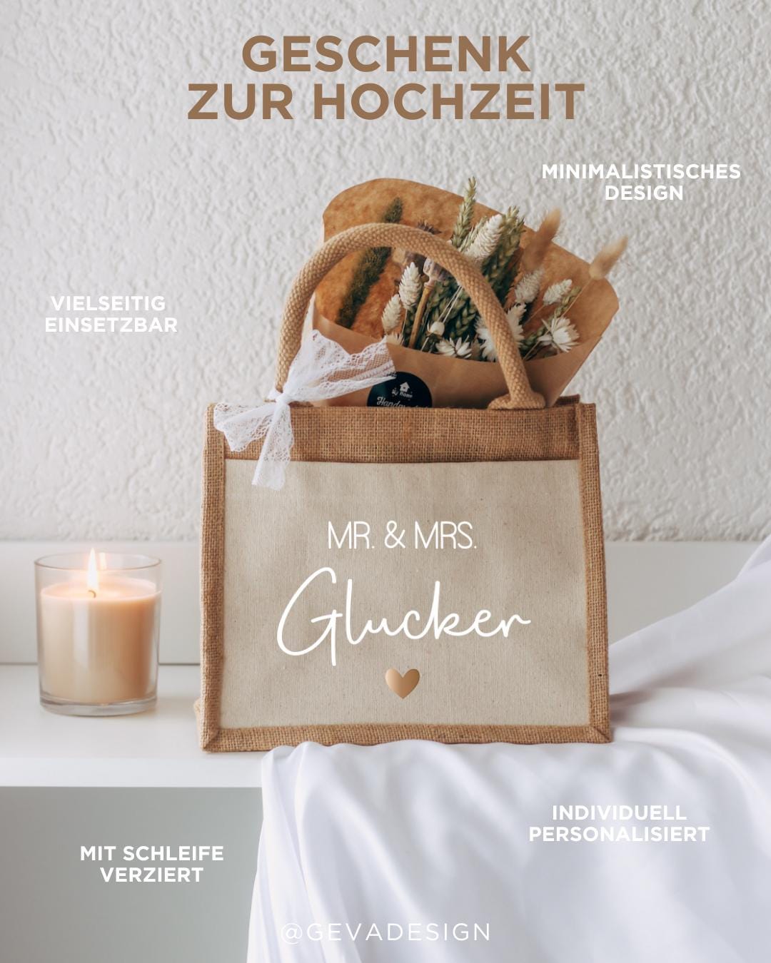 Personalisierte Jutetasche Hochzeit – Mr u. Mrs / Mr u. Mr / Mrs u. Mrs, Tasche mit Nachname & Herz, Geschenk Brautpaar