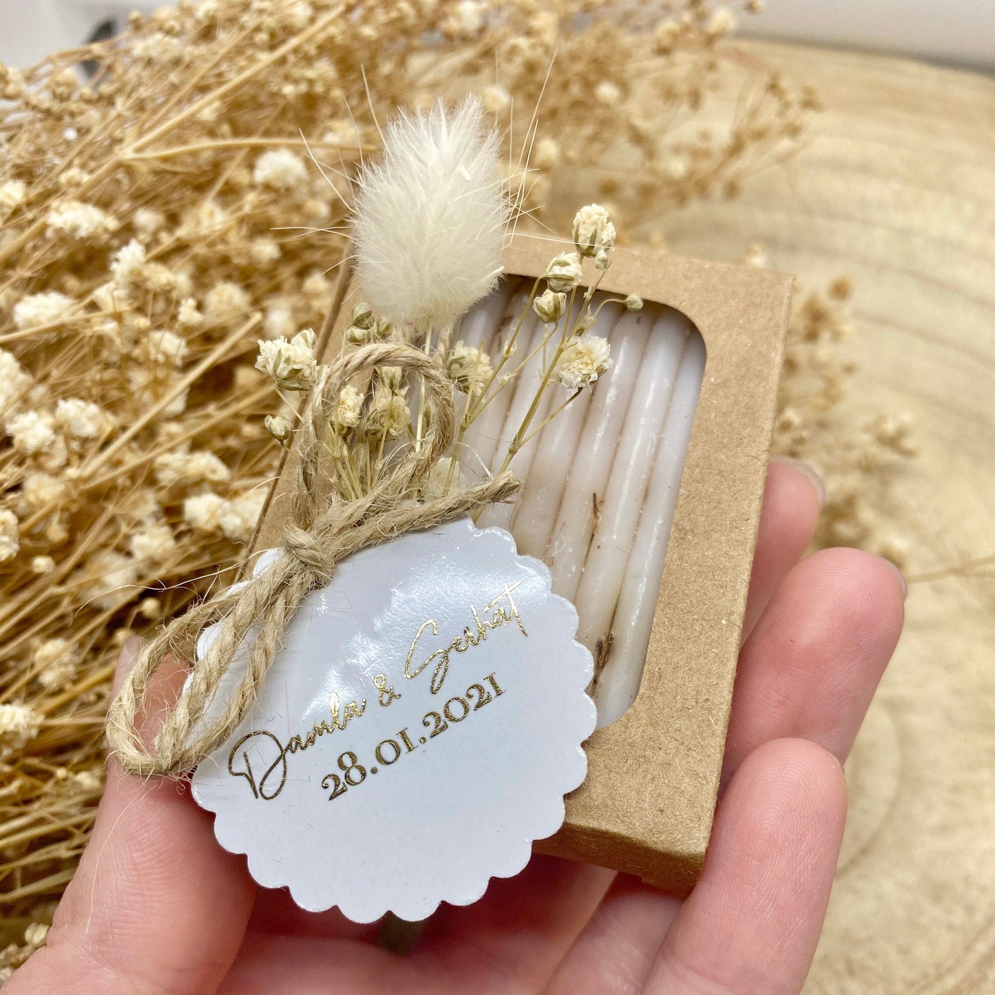 Personalisierte Seife // Gastgeschenk // Lavendelseife // Hochzeit // Taufe // Trockenblume // Schleierkraut // Samtgras // Jute