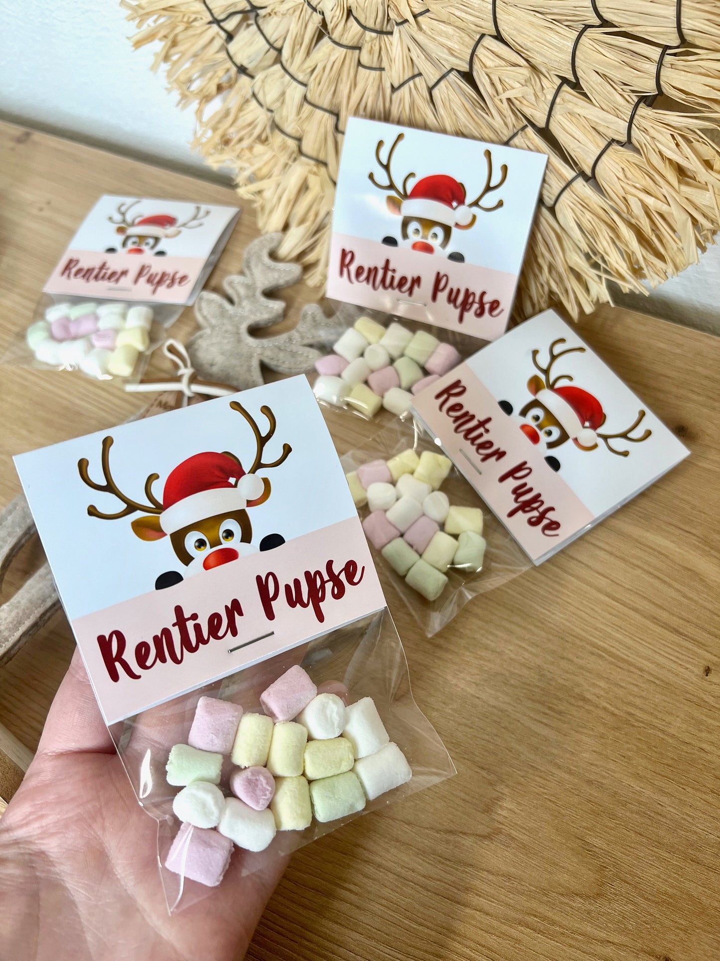 Gastgeschenk Weihnachten Mitgebsel "Rentier Pupse" Marshmallows bunt Werbegeschenk Mitarbeitergeschenk Firmenfeier