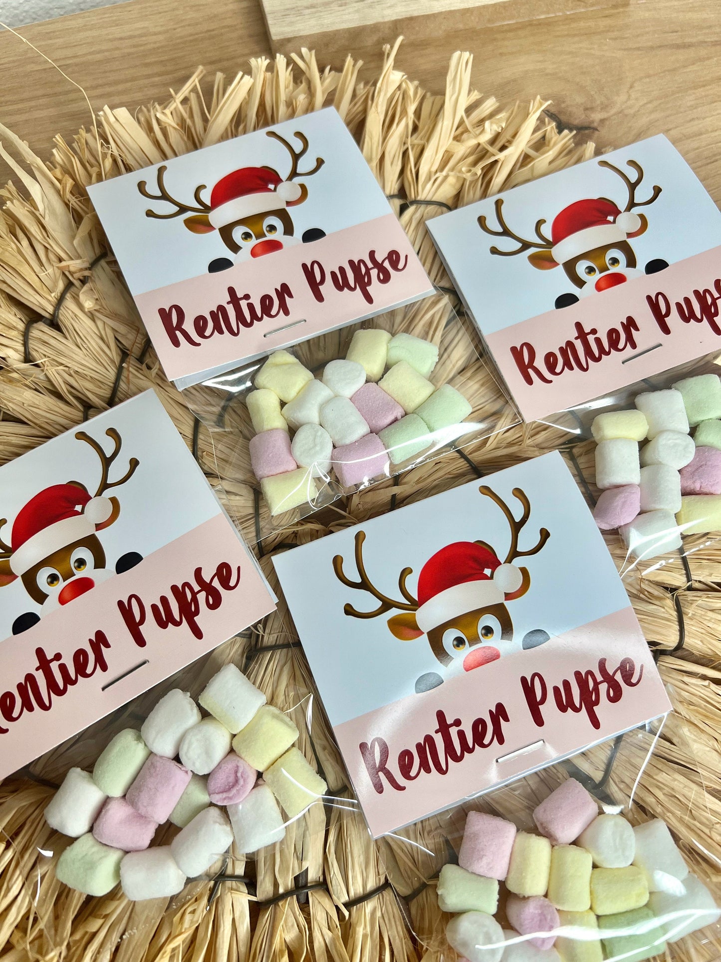 Gastgeschenk Weihnachten Mitgebsel "Rentier Pupse" Marshmallows bunt Werbegeschenk Mitarbeitergeschenk Firmenfeier