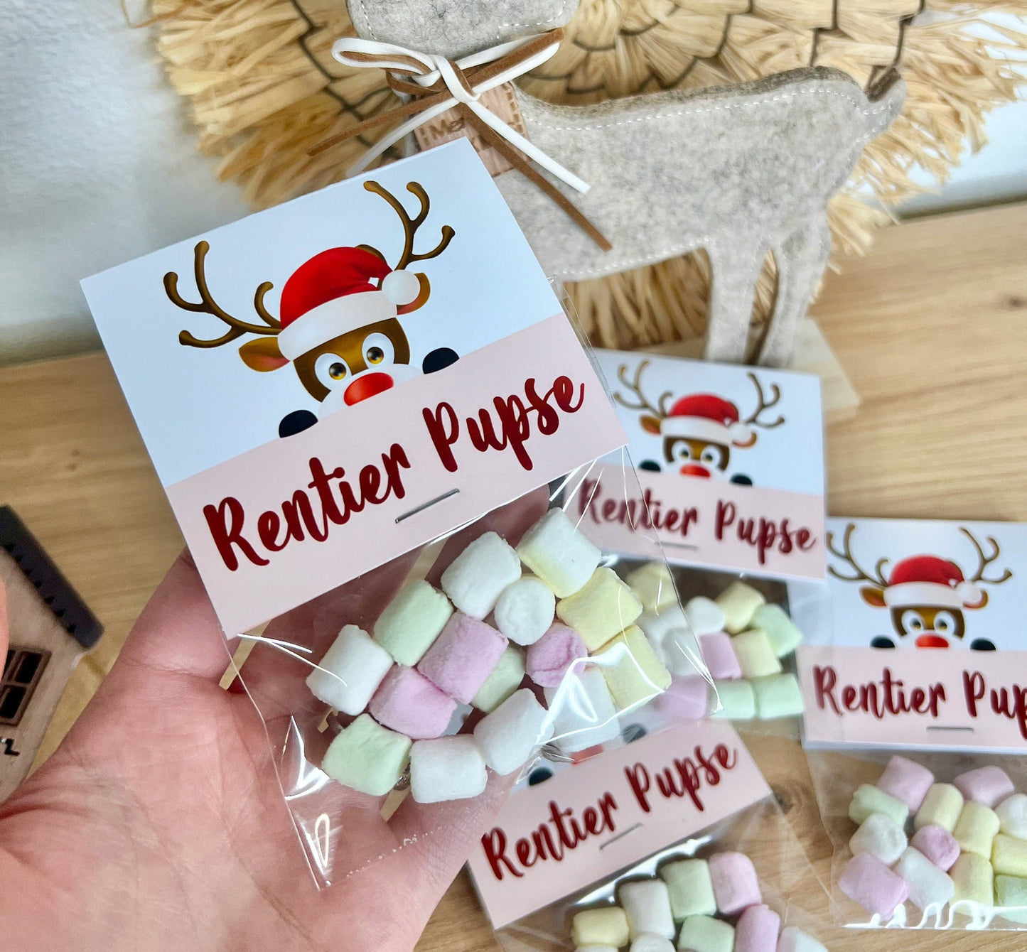 Gastgeschenk Weihnachten Mitgebsel "Rentier Pupse" Marshmallows bunt Werbegeschenk Mitarbeitergeschenk Firmenfeier