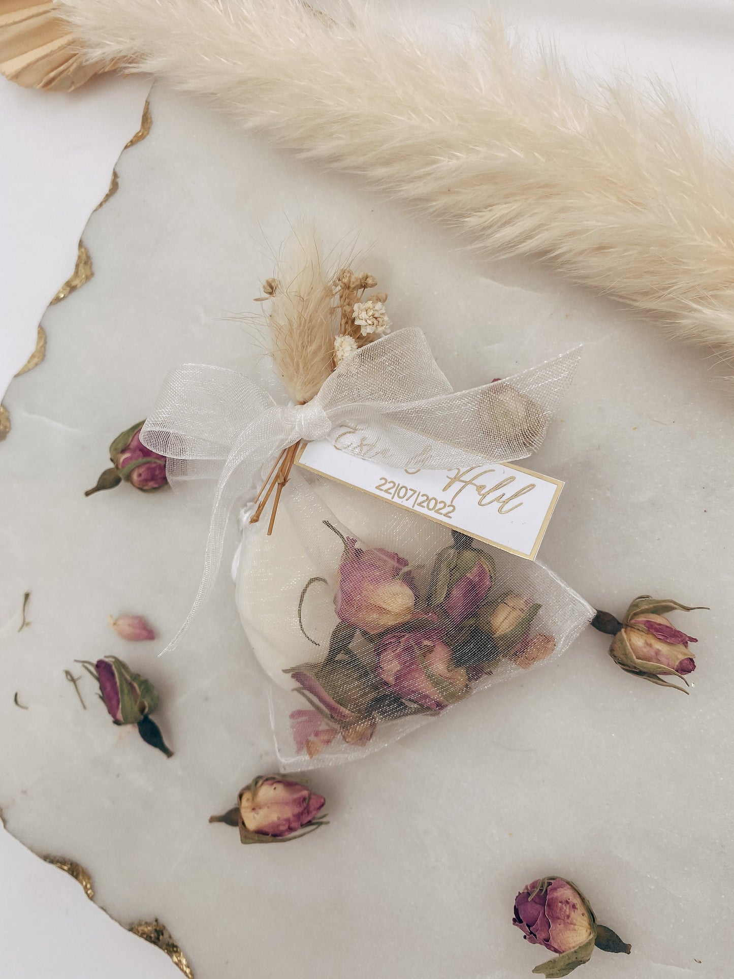 Seifenbeutel mit Rosenknospen & Metallic Veredelung - Gastgeschenke - Hochzeit Taufe Kommunion Verlobung Geburtstag Jubiläum