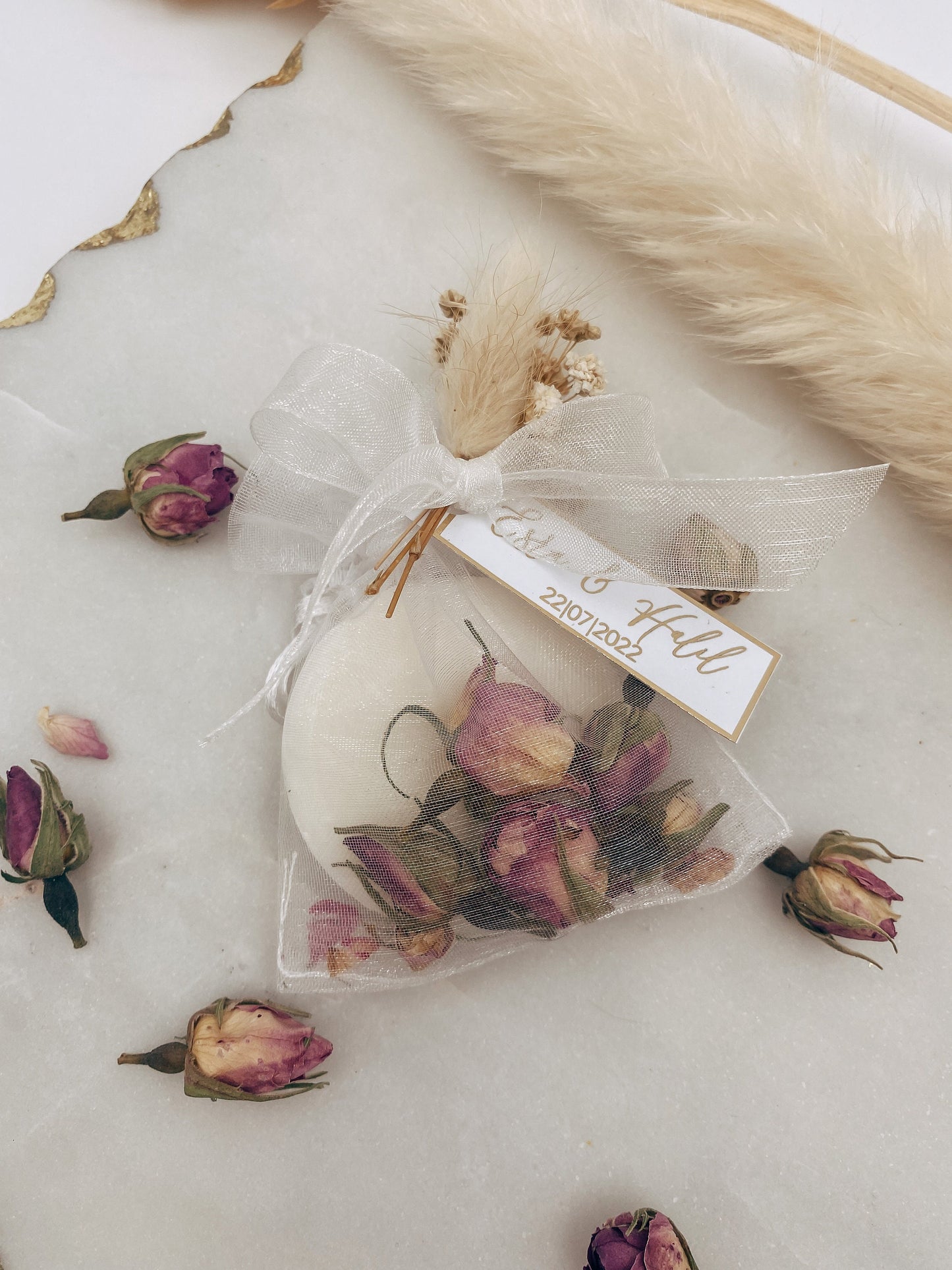 Seifenbeutel mit Rosenknospen & Metallic Veredelung - Gastgeschenke - Hochzeit Taufe Kommunion Verlobung Geburtstag Jubiläum
