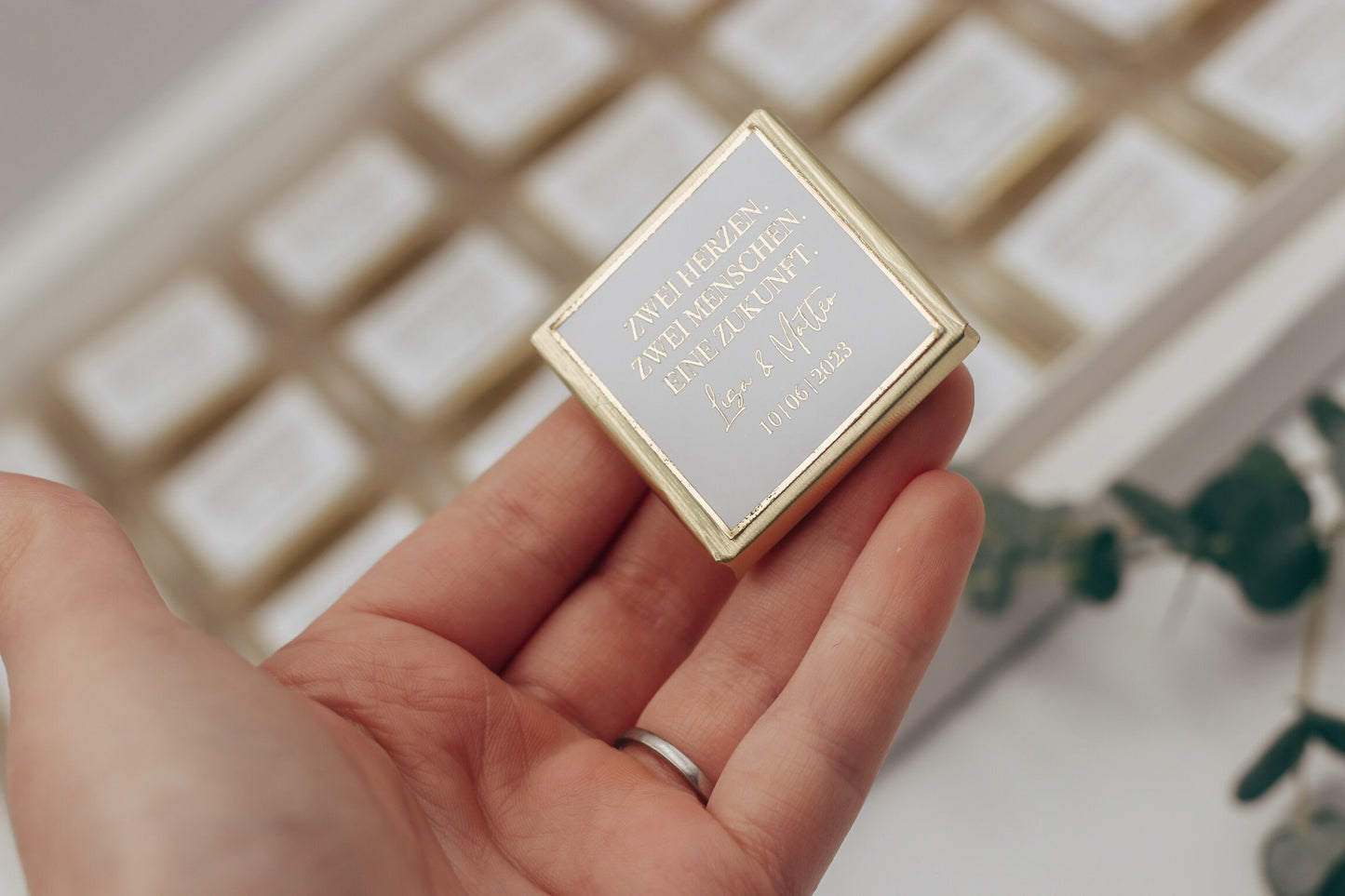 Gastgeschenk (10 Stk.) Wunschtext Hochzeit Taufe Schokolade Gold oder Silberveredelung