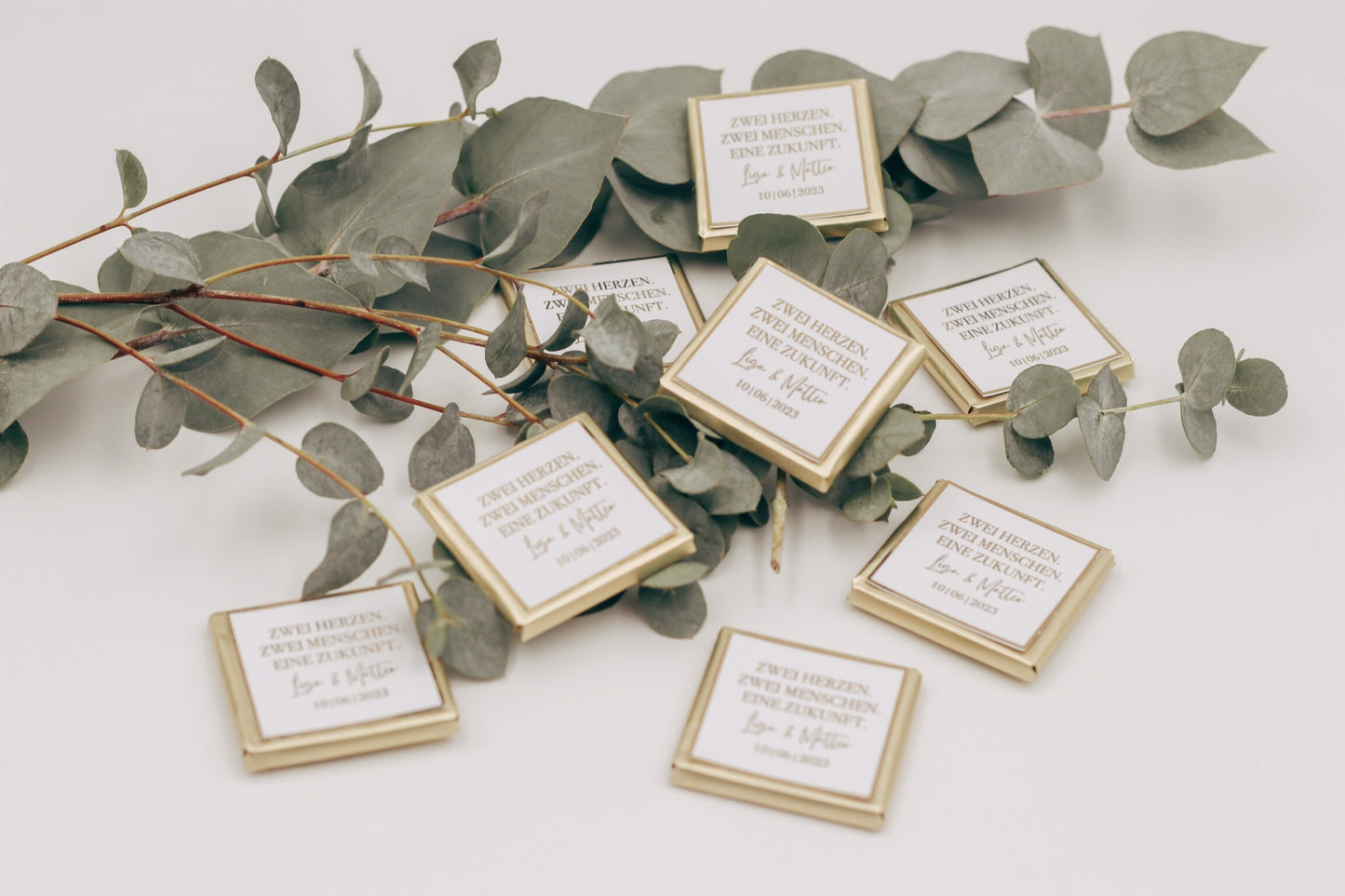 Gastgeschenk (10 Stk.) Wunschtext Hochzeit Taufe Schokolade Gold oder Silberveredelung