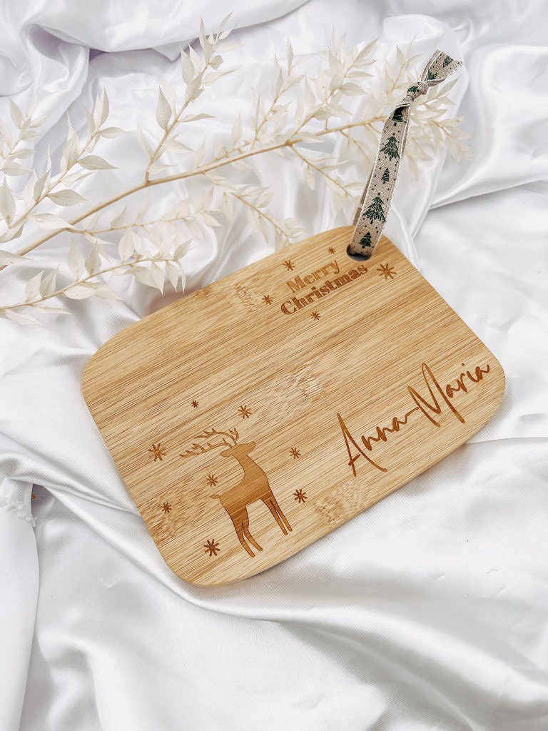Weihnachten Frühstücksbrett personalisiert mit Namen, Rentier & "Merry Christmas" - Schneidebrett - Bambus - Wichtelgeschenk