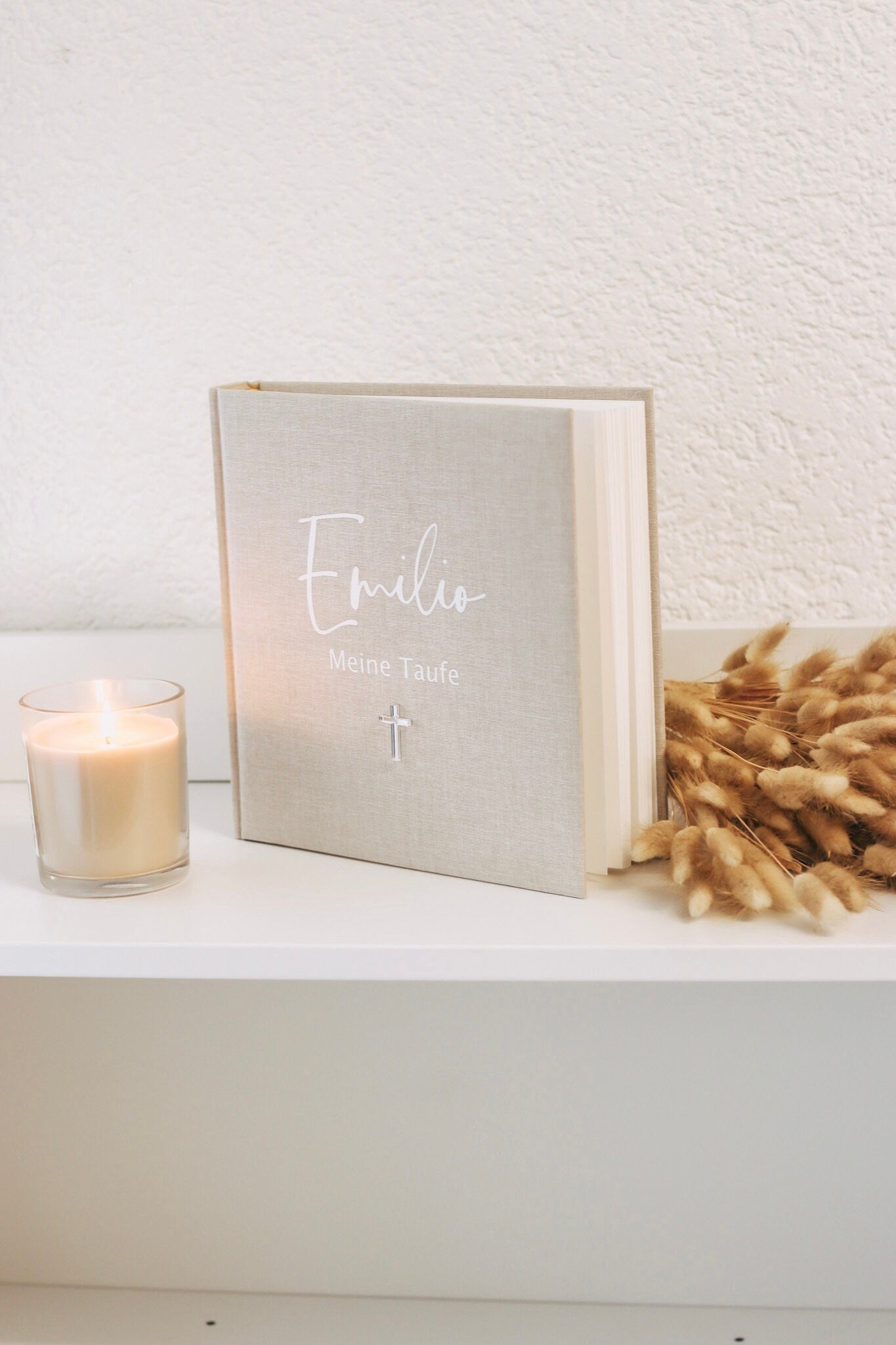 Taufe Gästebuch/Fotoalbum mit Acryl Herz - Meine Taufe - Kommunion - Heilige Taufe - Leinenbuch - Leinencover personalisiert