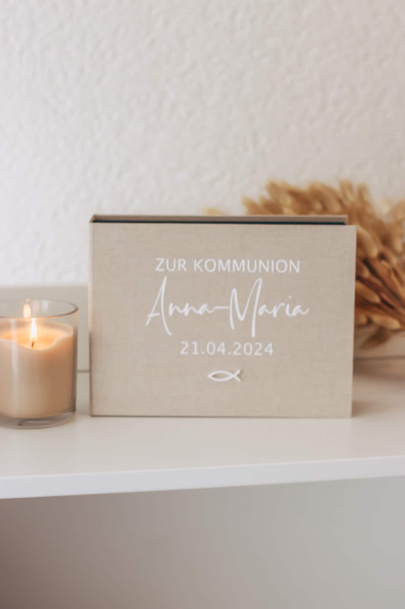 Personalisierte Geschenkbox mit Leinencover zur Kommunion oder Taufe // Geldgeschenk, Jugendweihe, Kleinigkeit, Fotobox / Erinnerungsbox