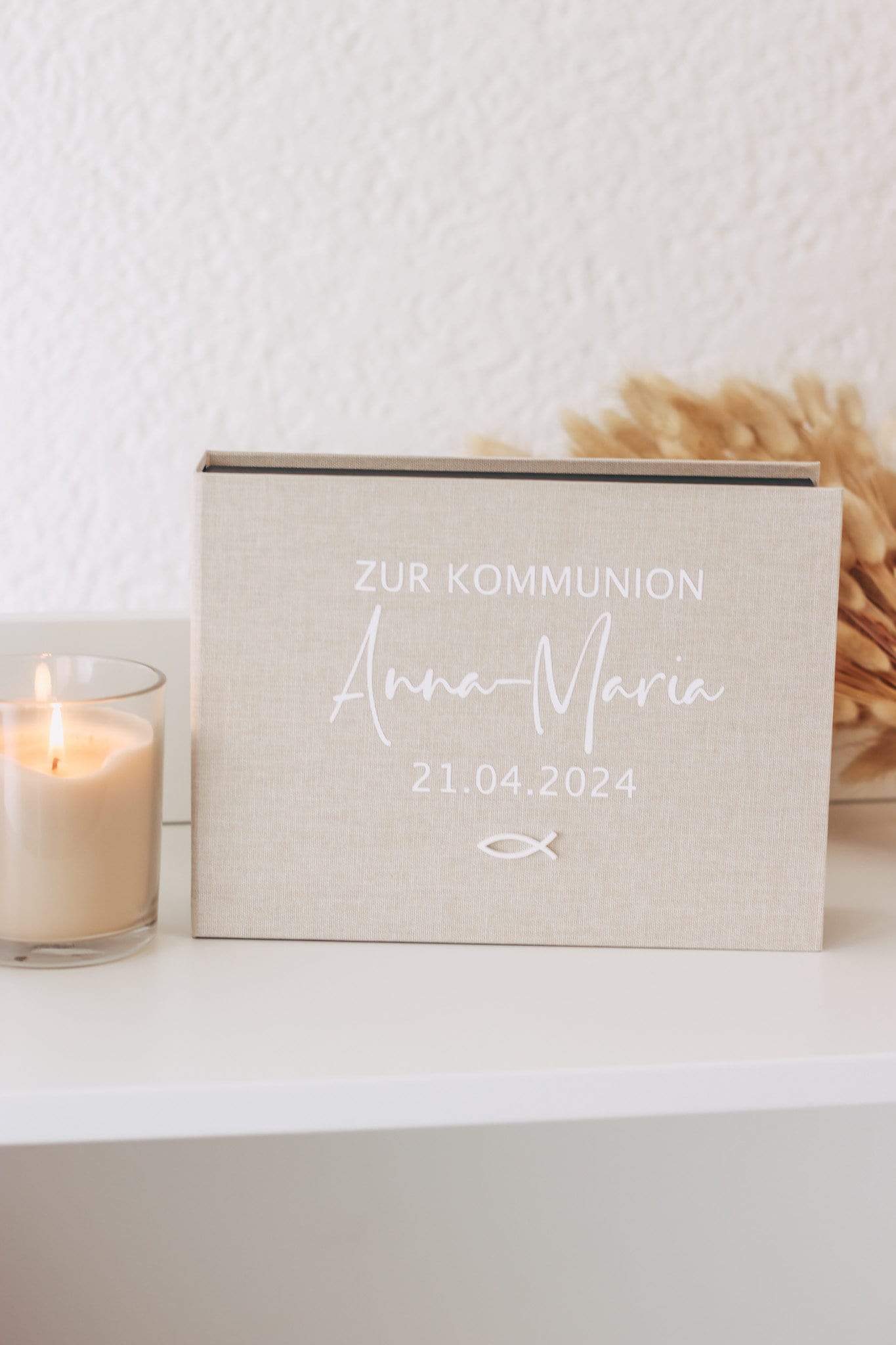 Personalisierte Geschenkbox mit Leinencover zur Kommunion oder Taufe // Geldgeschenk, Jugendweihe, Kleinigkeit, Fotobox / Erinnerungsbox