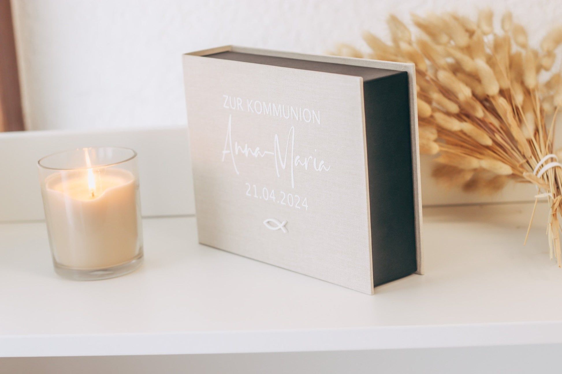 Personalisierte Geschenkbox mit Leinencover zur Kommunion oder Taufe // Geldgeschenk, Jugendweihe, Kleinigkeit, Fotobox / Erinnerungsbox