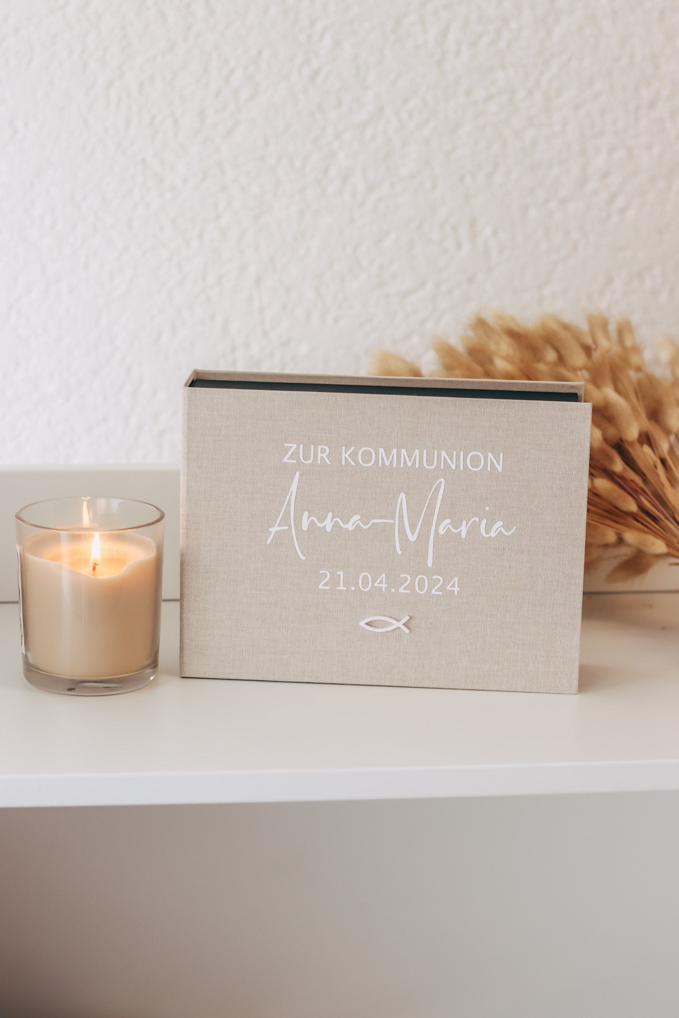 Personalisierte Geschenkbox mit Leinencover zur Kommunion oder Taufe // Geldgeschenk, Jugendweihe, Kleinigkeit, Fotobox / Erinnerungsbox
