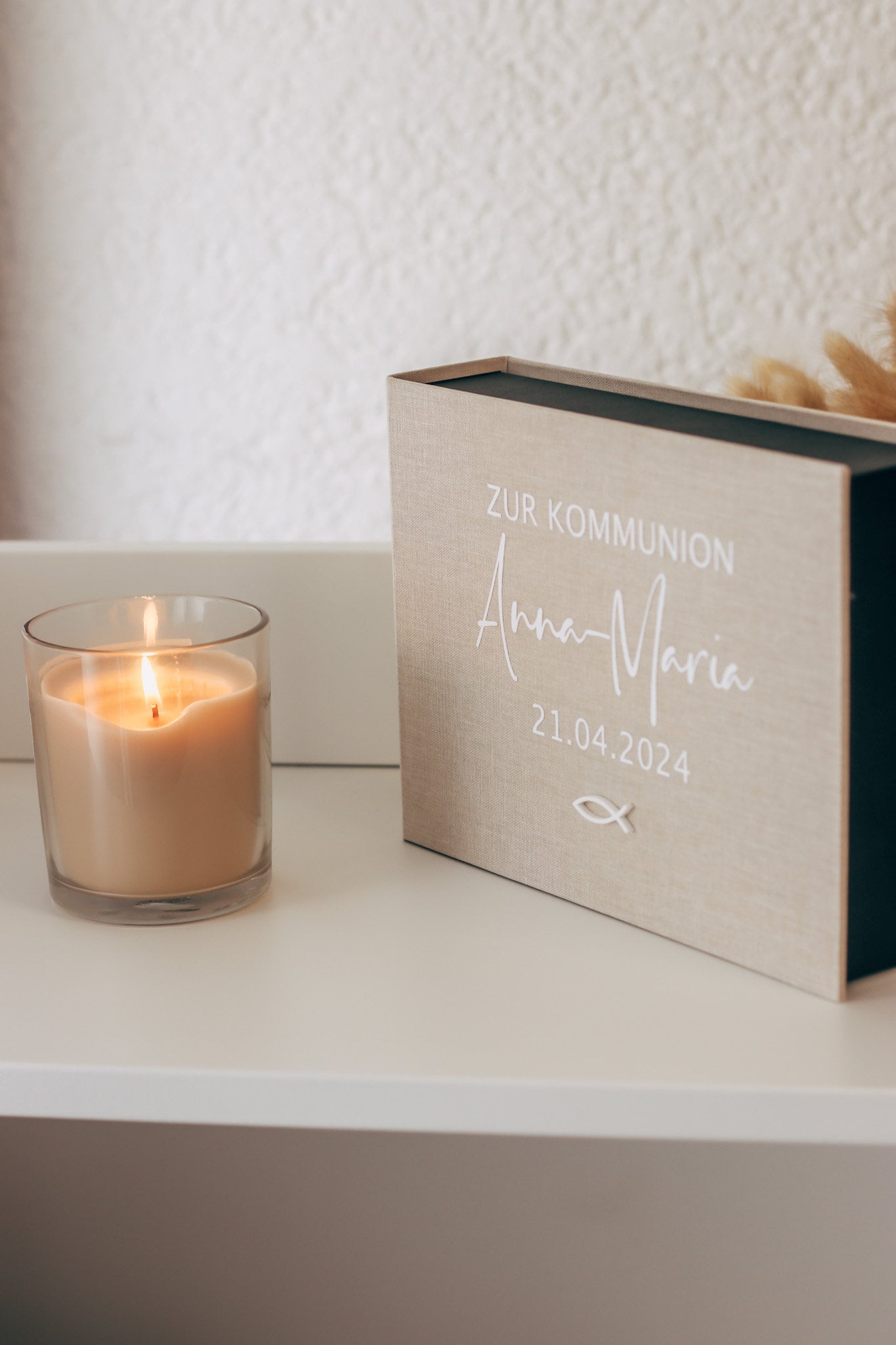 Personalisierte Geschenkbox mit Leinencover zur Kommunion oder Taufe // Geldgeschenk, Jugendweihe, Kleinigkeit, Fotobox / Erinnerungsbox