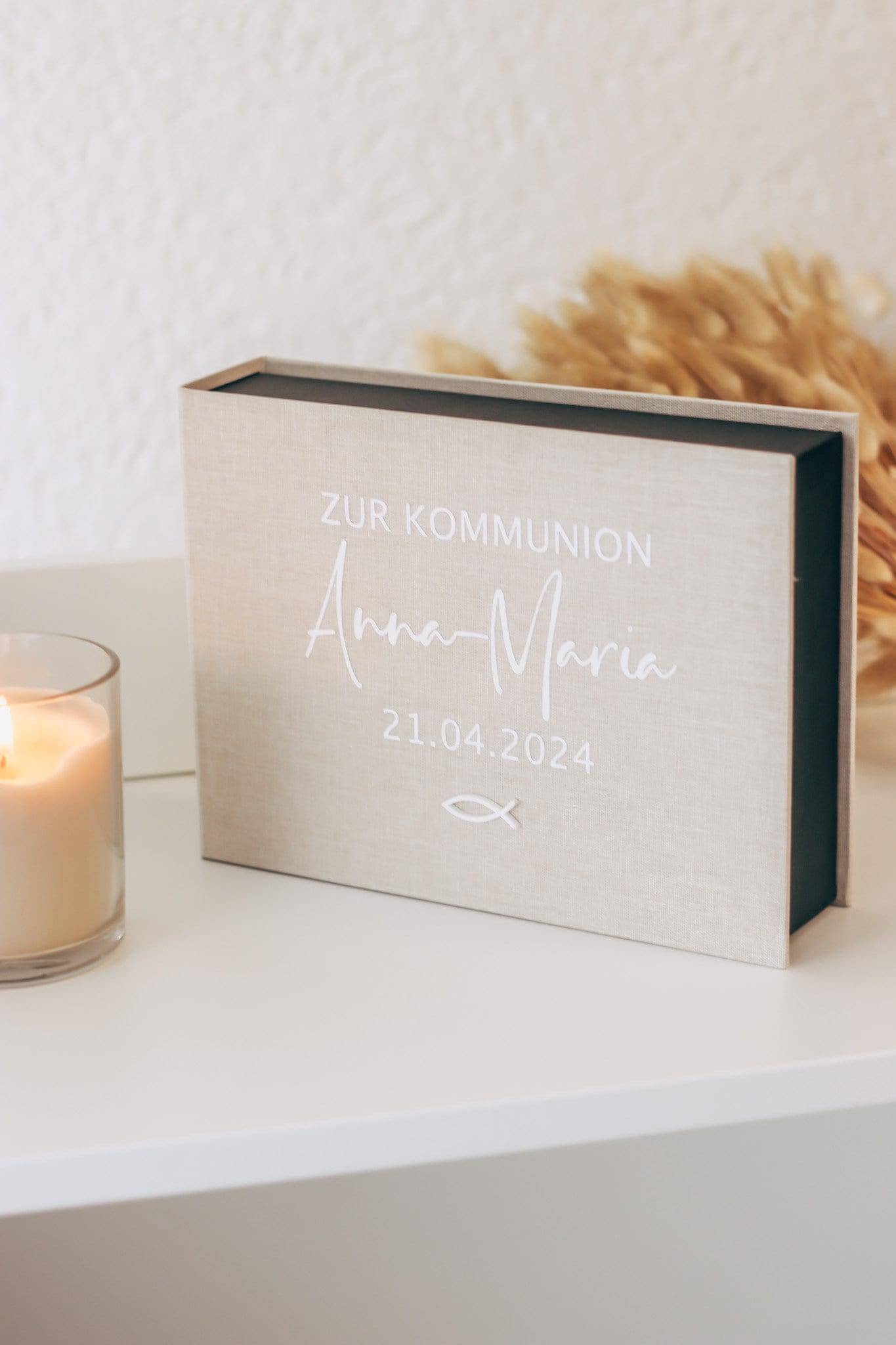 Personalisierte Geschenkbox mit Leinencover zur Kommunion oder Taufe // Geldgeschenk, Jugendweihe, Kleinigkeit, Fotobox / Erinnerungsbox