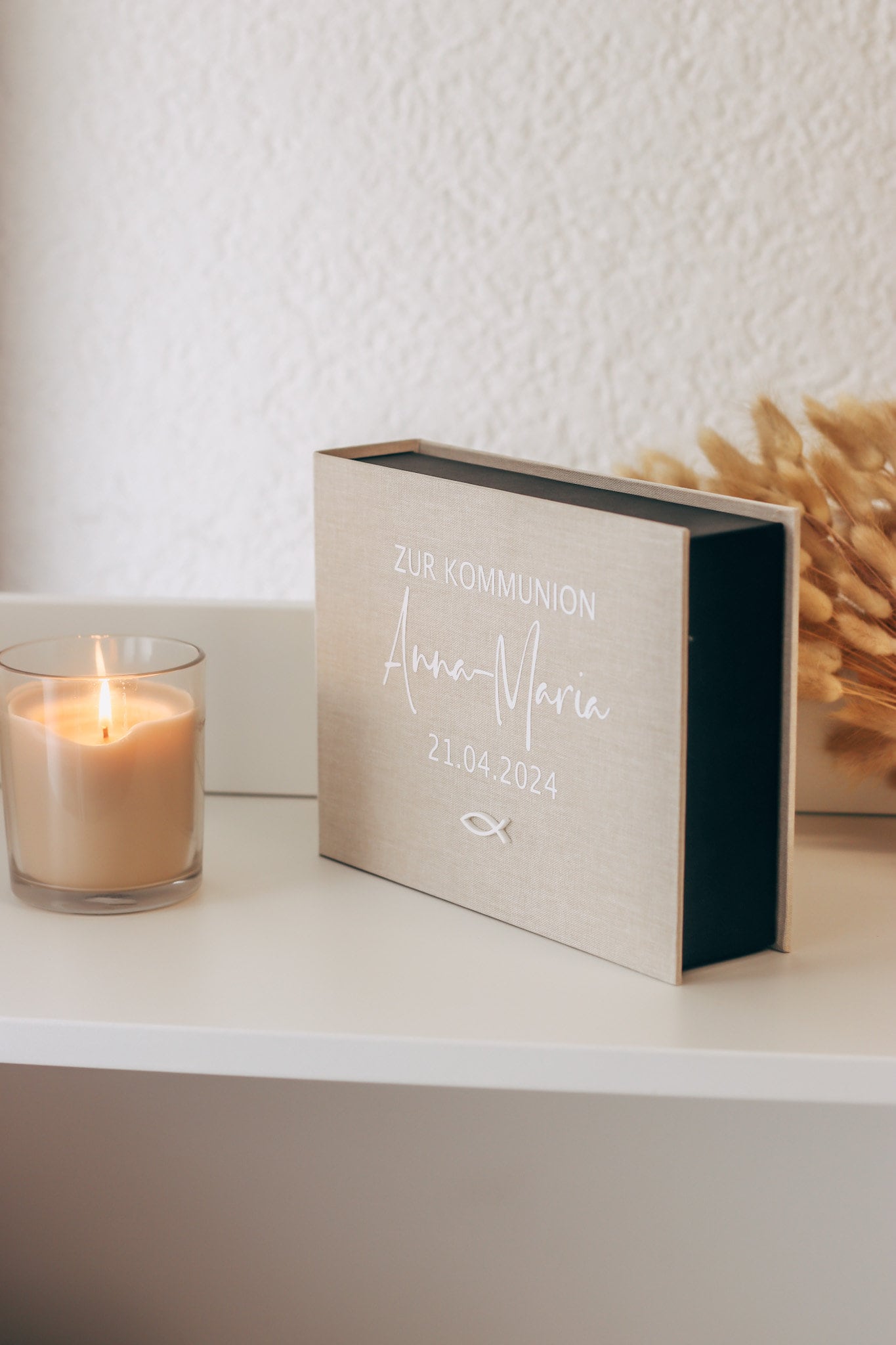 Personalisierte Geschenkbox mit Leinencover zur Kommunion oder Taufe // Geldgeschenk, Jugendweihe, Kleinigkeit, Fotobox / Erinnerungsbox