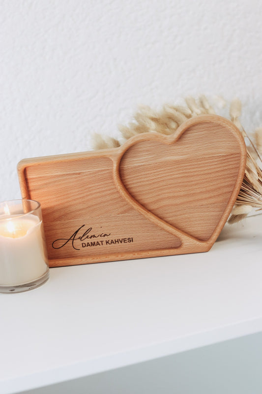 Damat Kahvesi Tablett mit Personalisierung / Holz Tablett / Damat Tespsisi / Integrierte Ringschale für den Kaffee