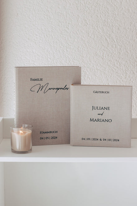 Gästebuch Hochzeit mit Leinen cover personalisiert - auch im SET mit Stammbuch erhältlich