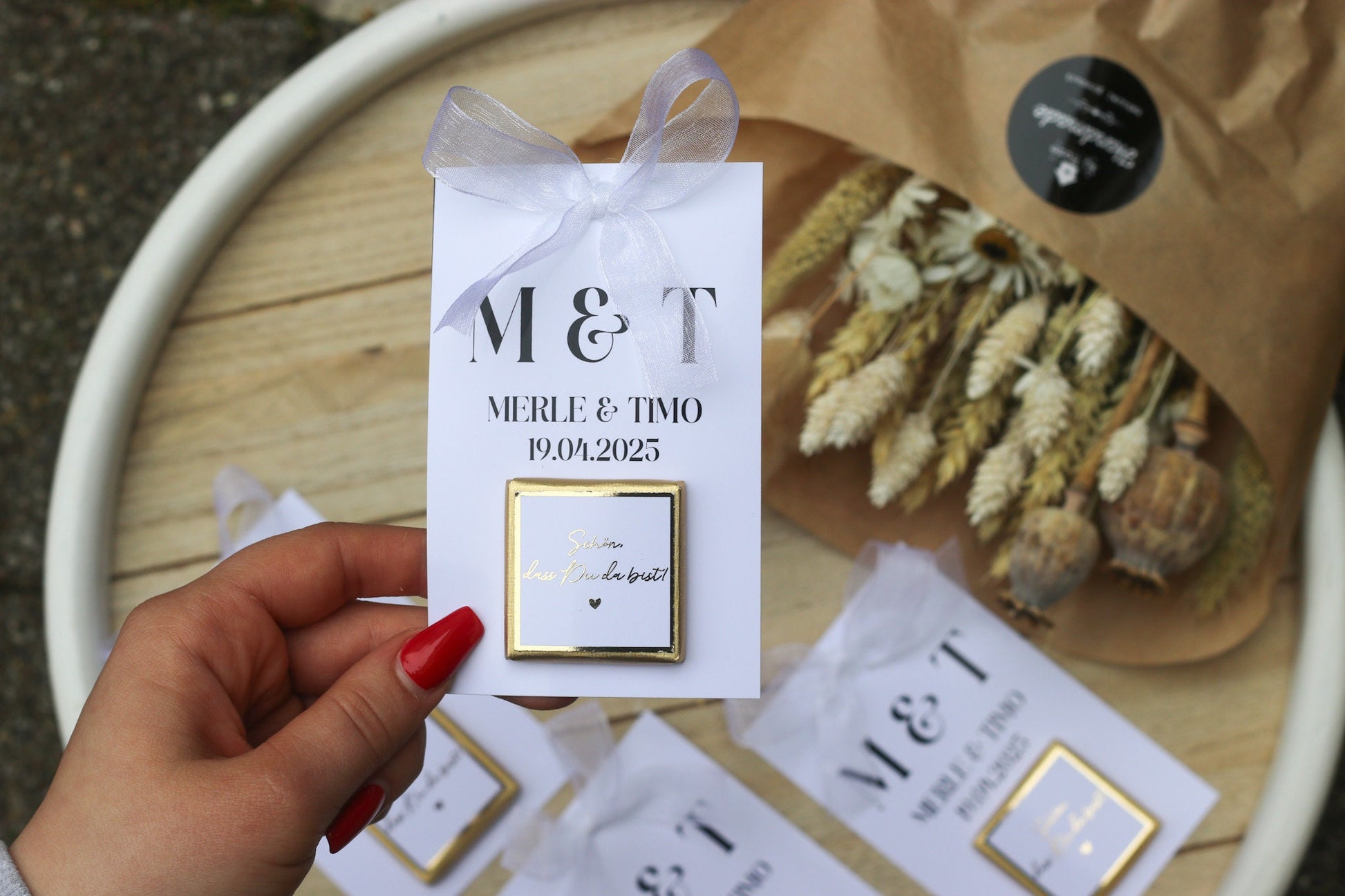 Gastgeschenk Hochzeit - Schokokarte - Goldene Schriftveredelung - Personalisiert mit Namen, Datum + Text, Söz, Nikah,