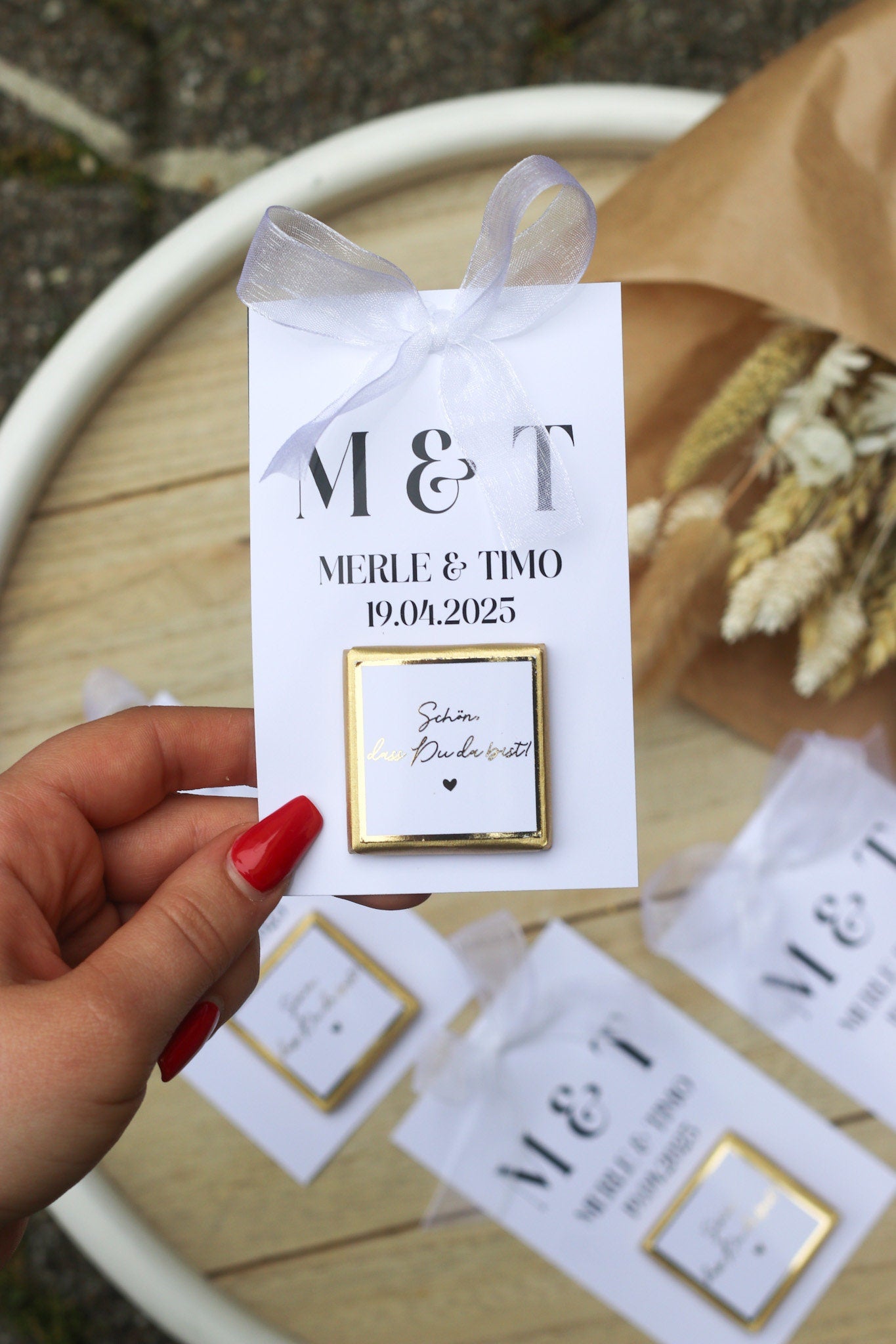 Gastgeschenk Hochzeit - Schokokarte - Goldene Schriftveredelung - Personalisiert mit Namen, Datum + Text, Söz, Nikah,