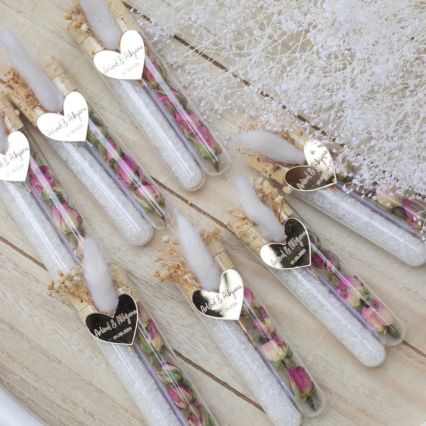 Gastgeschenk Hochzeit personalisiert - Acryl Herz mit Gravur, Badesalz & Rosenknospen - mit Namen, Wedding Favor, Guest Gifts, Bapteme