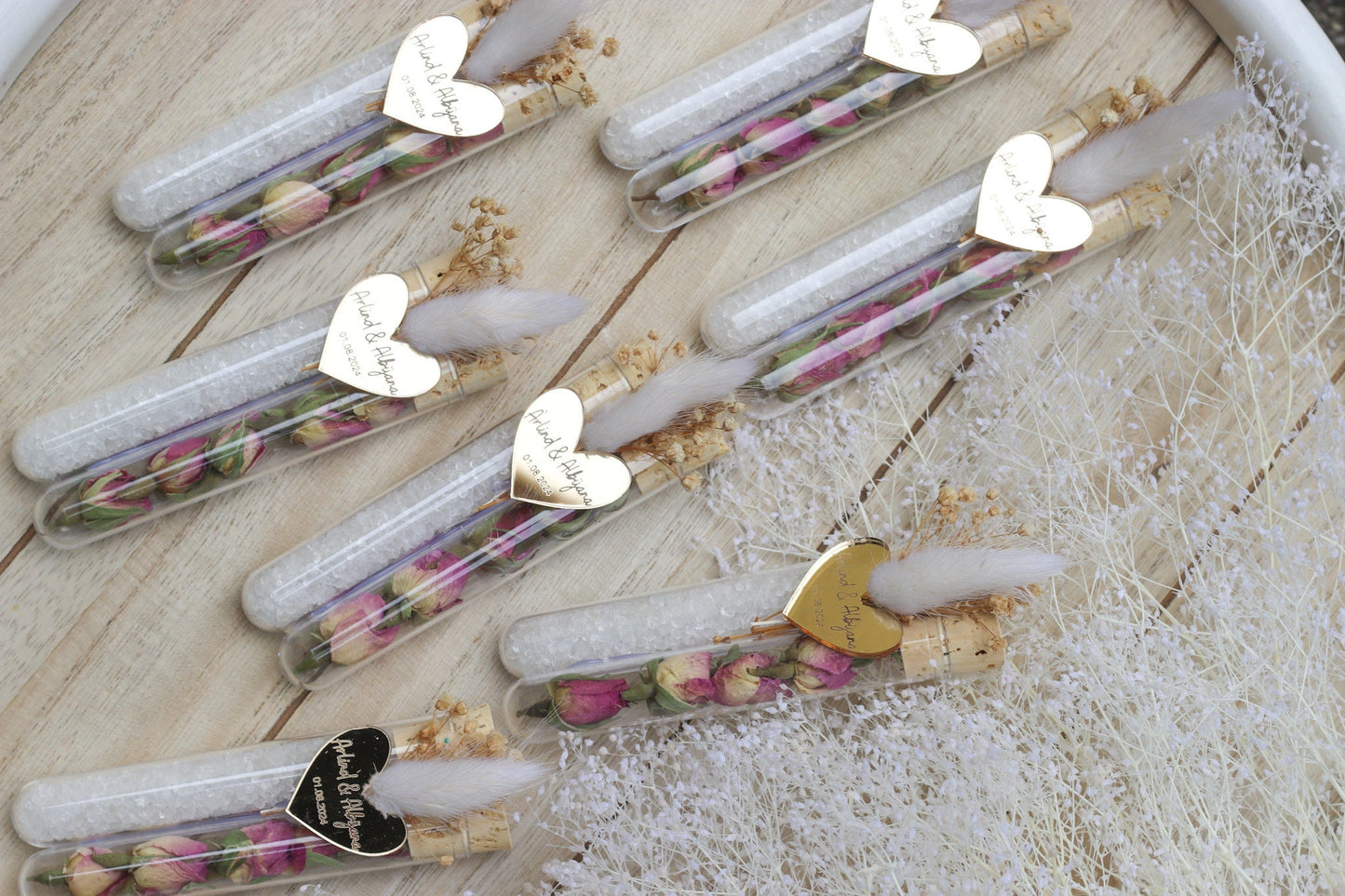 Gastgeschenk Hochzeit personalisiert - Acryl Herz mit Gravur, Badesalz & Rosenknospen - mit Namen, Wedding Favor, Guest Gifts, Bapteme