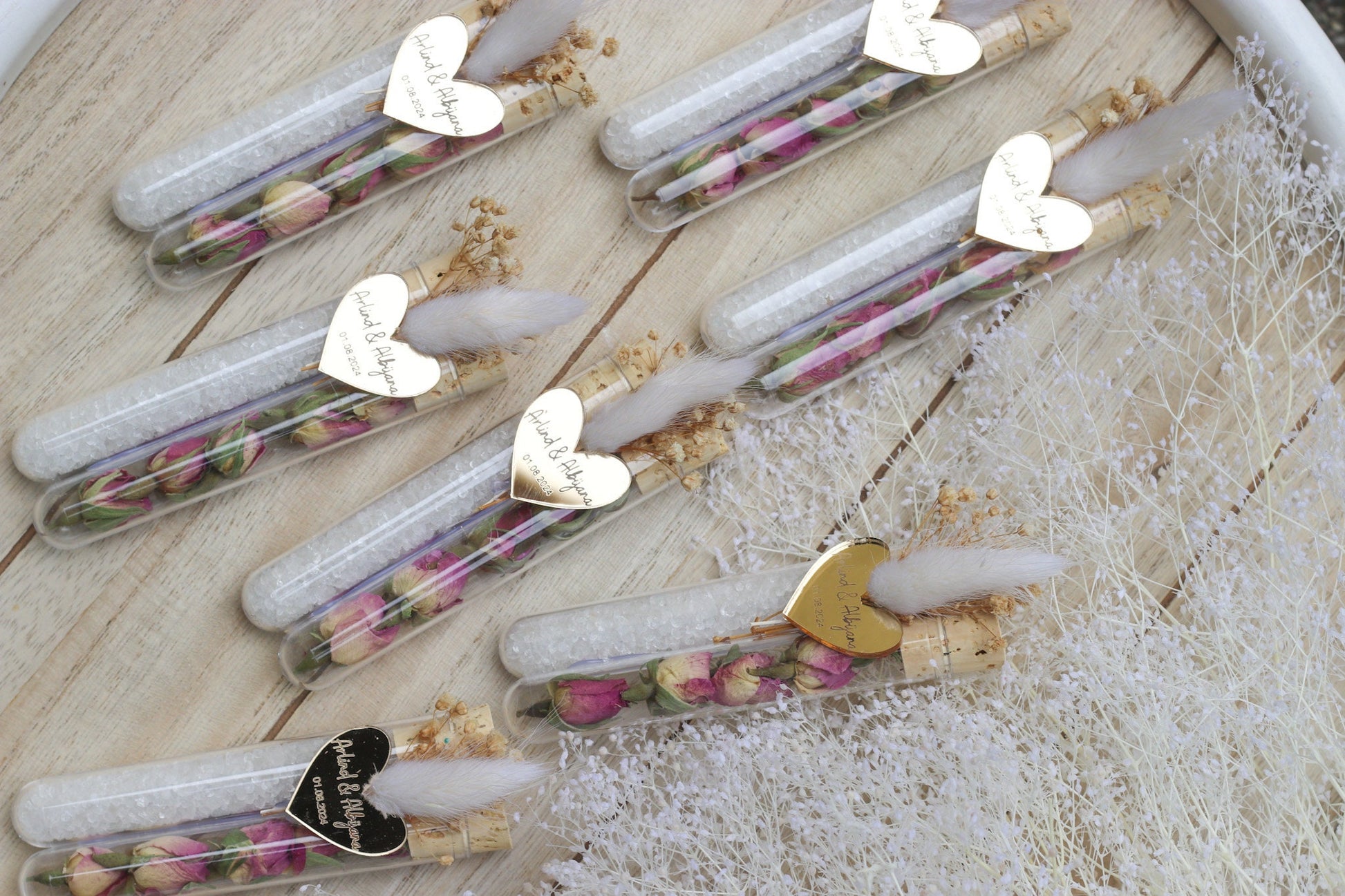 Gastgeschenk Hochzeit personalisiert - Acryl Herz mit Gravur, Badesalz & Rosenknospen - mit Namen, Wedding Favor, Guest Gifts, Bapteme