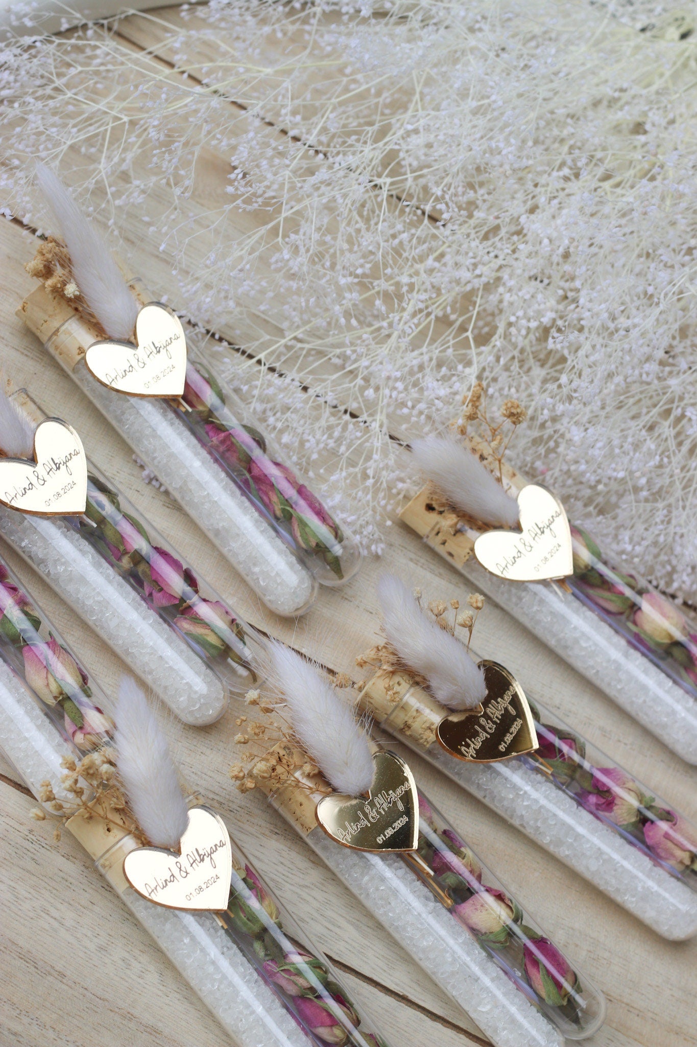 Gastgeschenk Hochzeit personalisiert - Acryl Herz mit Gravur, Badesalz & Rosenknospen - mit Namen, Wedding Favor, Guest Gifts, Bapteme