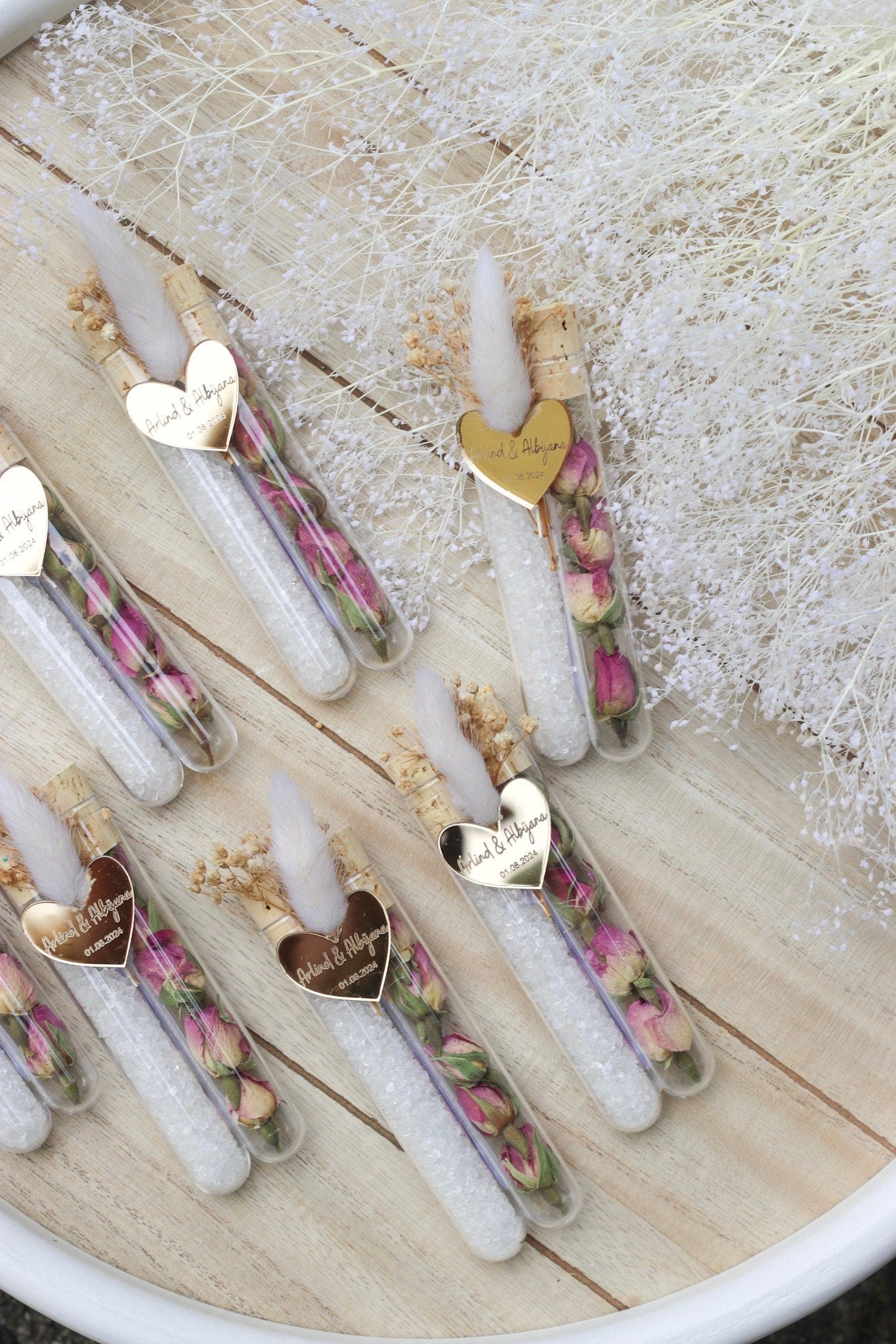 Gastgeschenk Hochzeit personalisiert - Acryl Herz mit Gravur, Badesalz & Rosenknospen - mit Namen, Wedding Favor, Guest Gifts, Bapteme