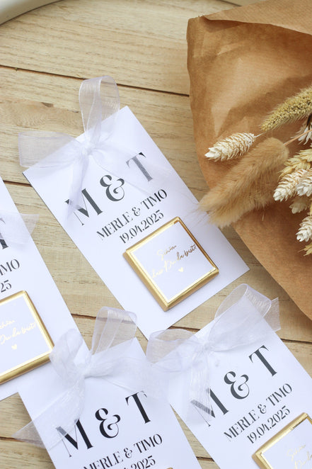 Gastgeschenk Hochzeit - Schokokarte - Goldene Schriftveredelung - Personalisiert mit Namen, Datum + Text, Söz, Nikah,