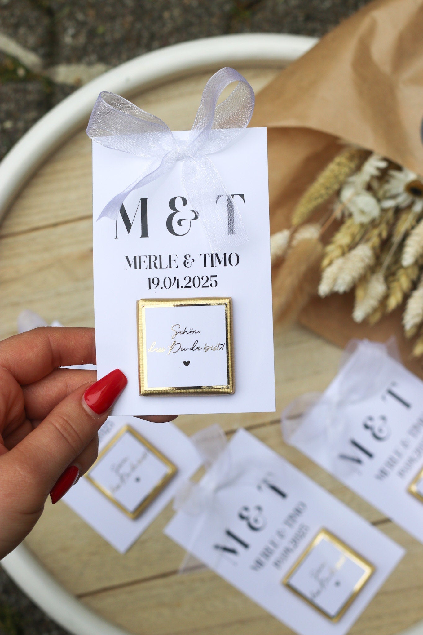 Gastgeschenk Hochzeit - Schokokarte - Goldene Schriftveredelung - Personalisiert mit Namen, Datum + Text, Söz, Nikah,