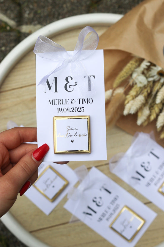 Gastgeschenk Hochzeit - Schokokarte - Goldene Schriftveredelung - Personalisiert mit Namen, Datum + Text, Söz, Nikah,